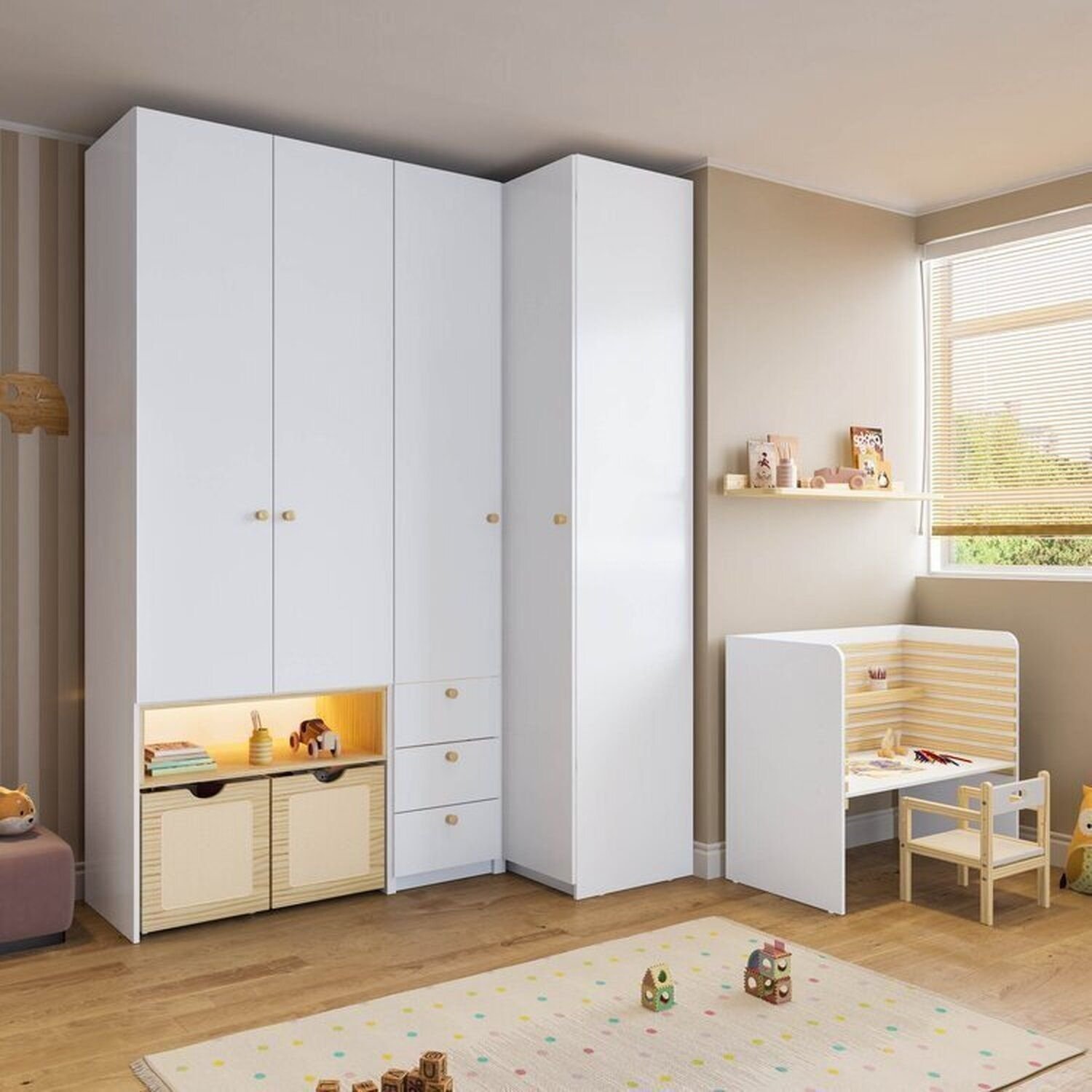 Conjunto Com Escrivaninha, Cadeira Evolutiva, Prateleira E Guarda Roupa Modulado Led Wave Casatema Branco/natural