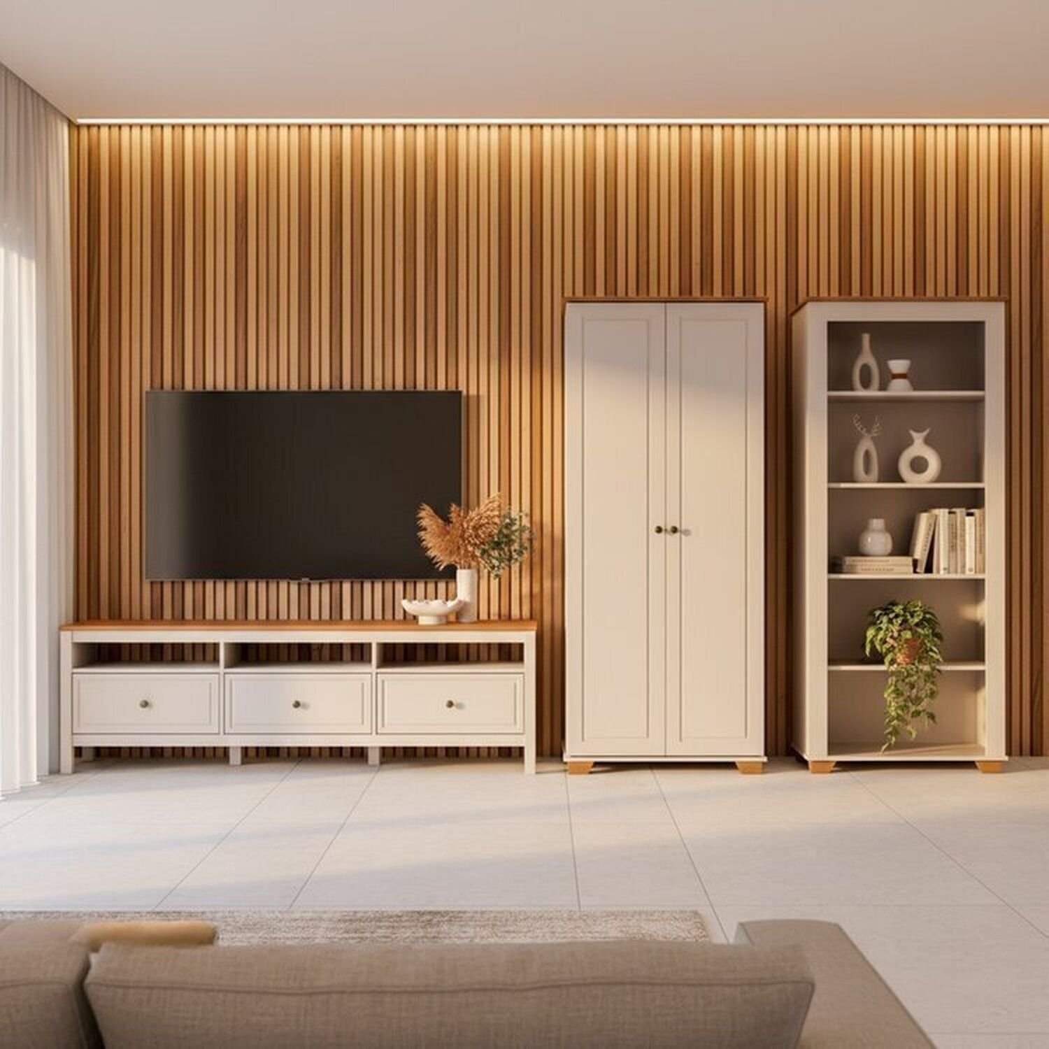 Conjunto De Sala 3 Peças Rack, Estante E Armário Madeira Maciça Ananda Cabecasa Madeiraoriginals Off White/mel