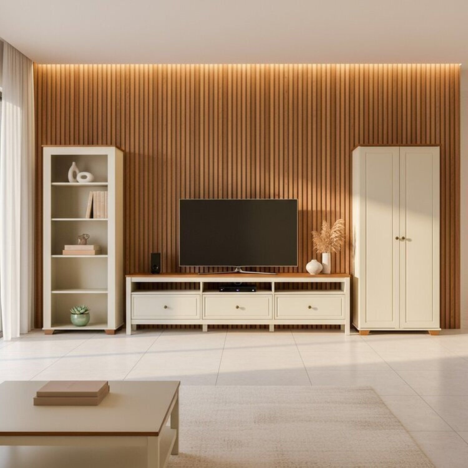 Conjunto 3 Peças Rack 210cm, Armário E Estante Madeira Maciça Ananda Cabecasa Madeiraoriginals Off White/mel