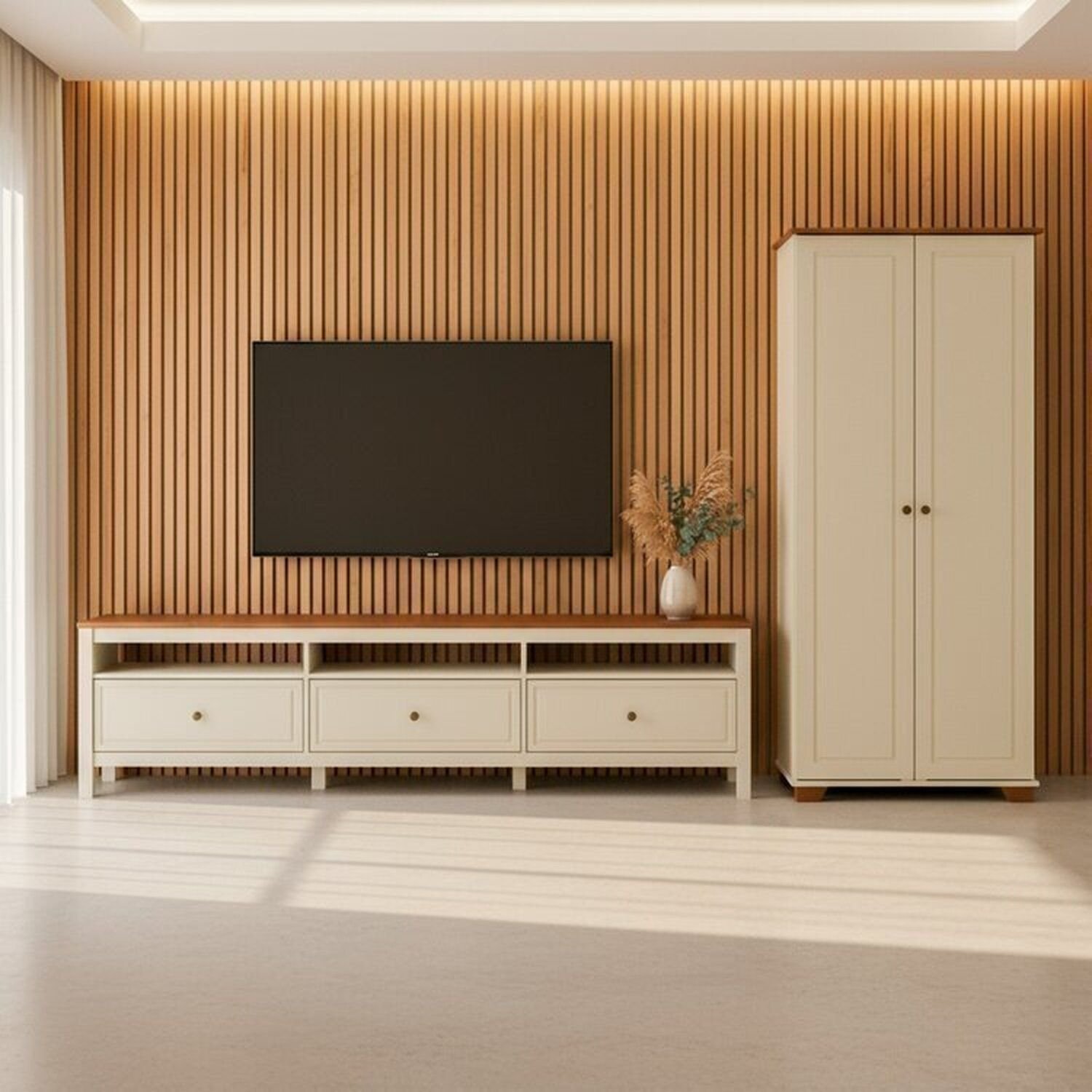 Conjunto 2 Peças 1 Rack 210cm, 1 Armário 2 Portas Madeira Maciça Ananda Cabecasa Madeiraoriginals Off White/mel