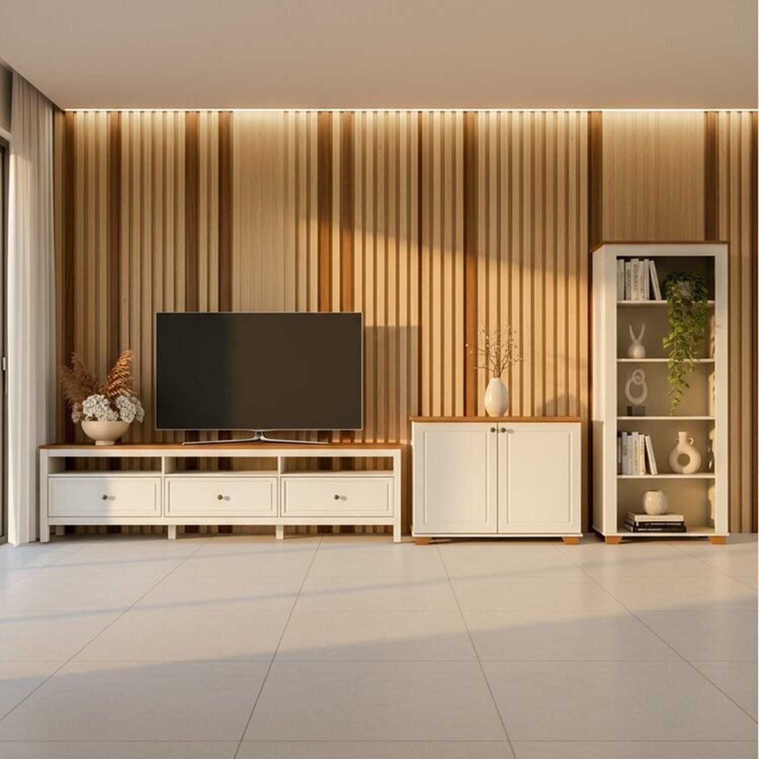 Conjunto 3 Peças 1 Rack 210cm, Estante E Armário Madeira Maciça Ananda Cabecasa Madeiraoriginals Off White/mel