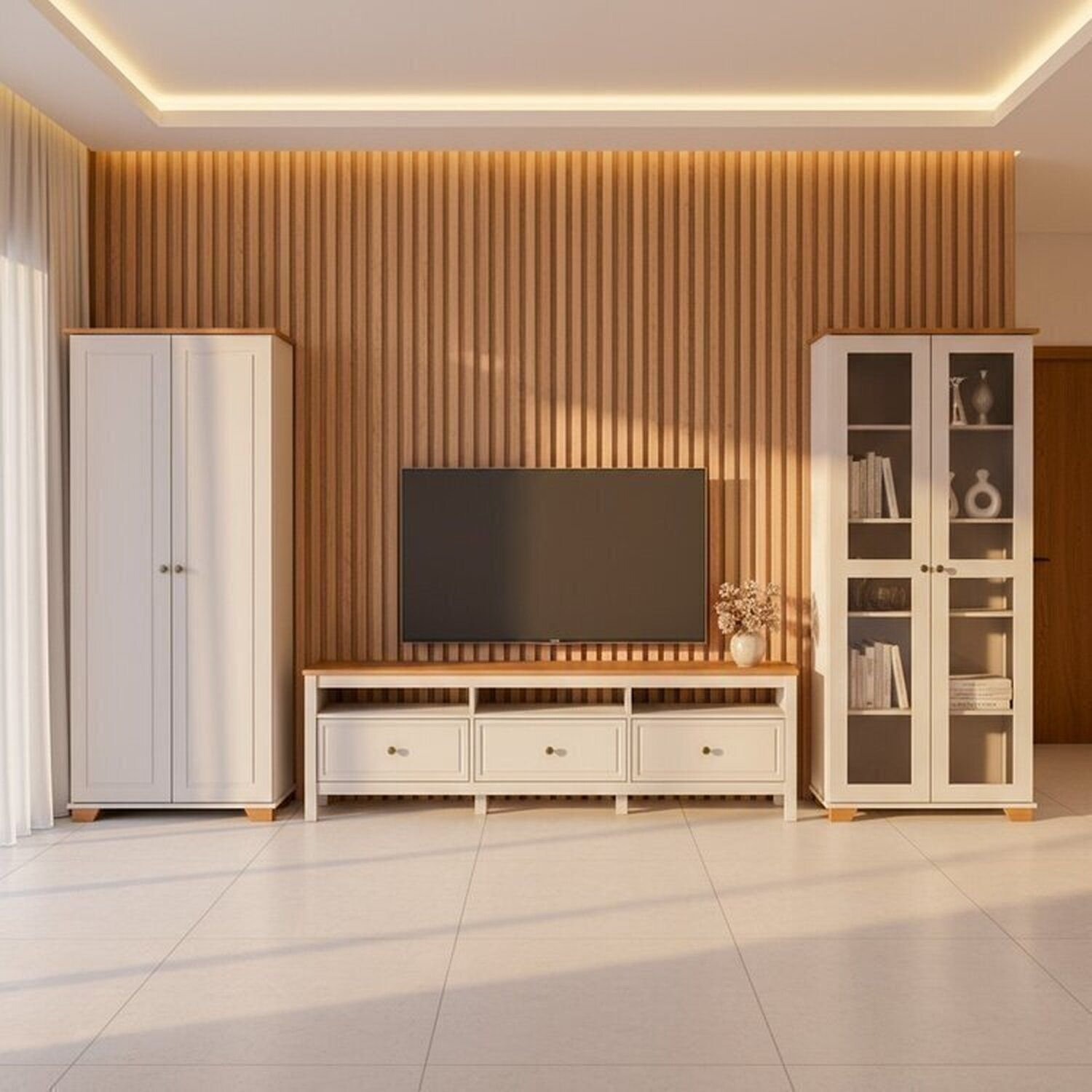 Conjunto 3 Peças Rack, Cristaleira E Armário Madeira Maciça Ananda Cabecasa Madeiraoriginals Off White/mel