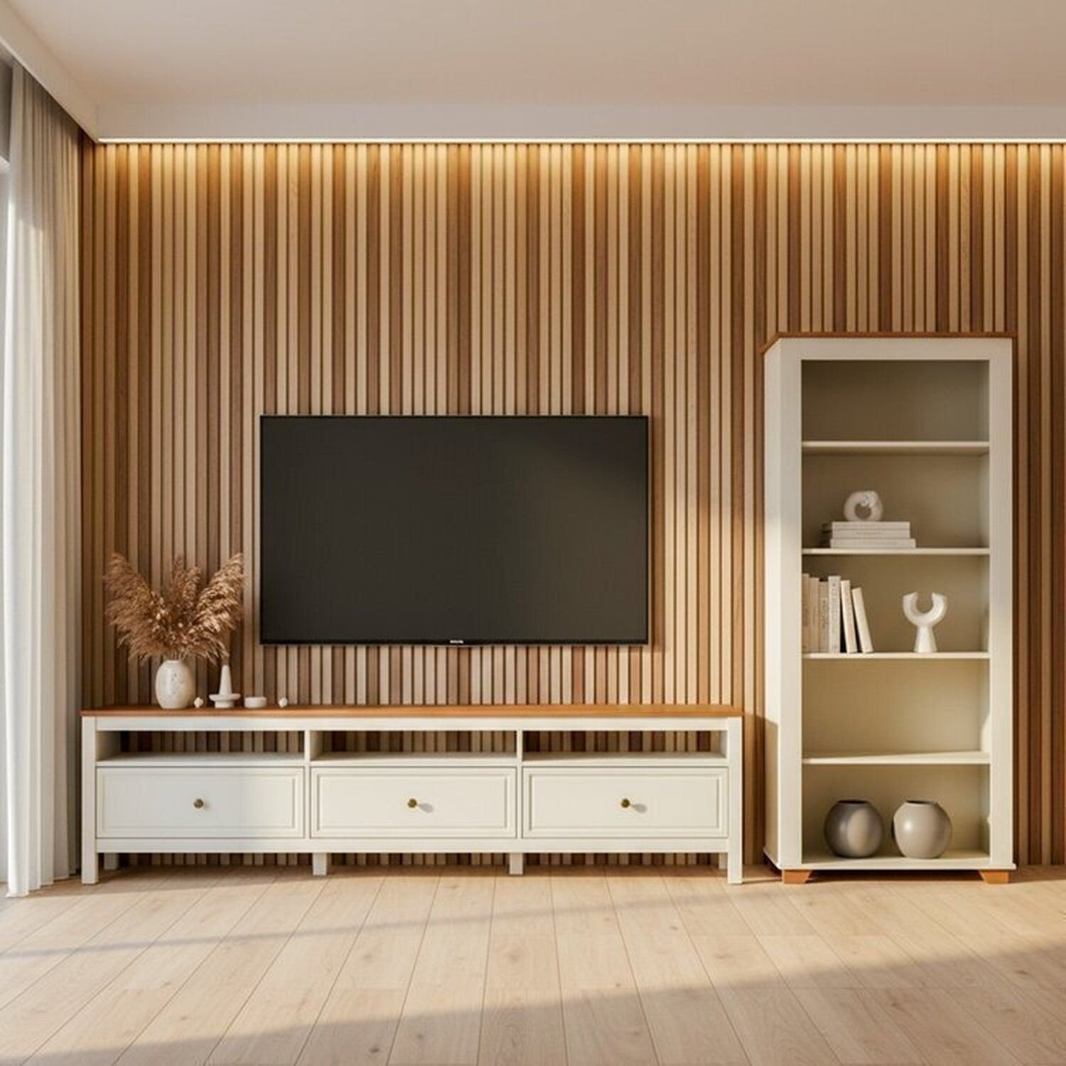 Conjunto 2 Peças 1 Rack 210cm E 1 Estante Em Madeira Maciça Ananda Cabecasa Madeiraoriginals Off White/mel