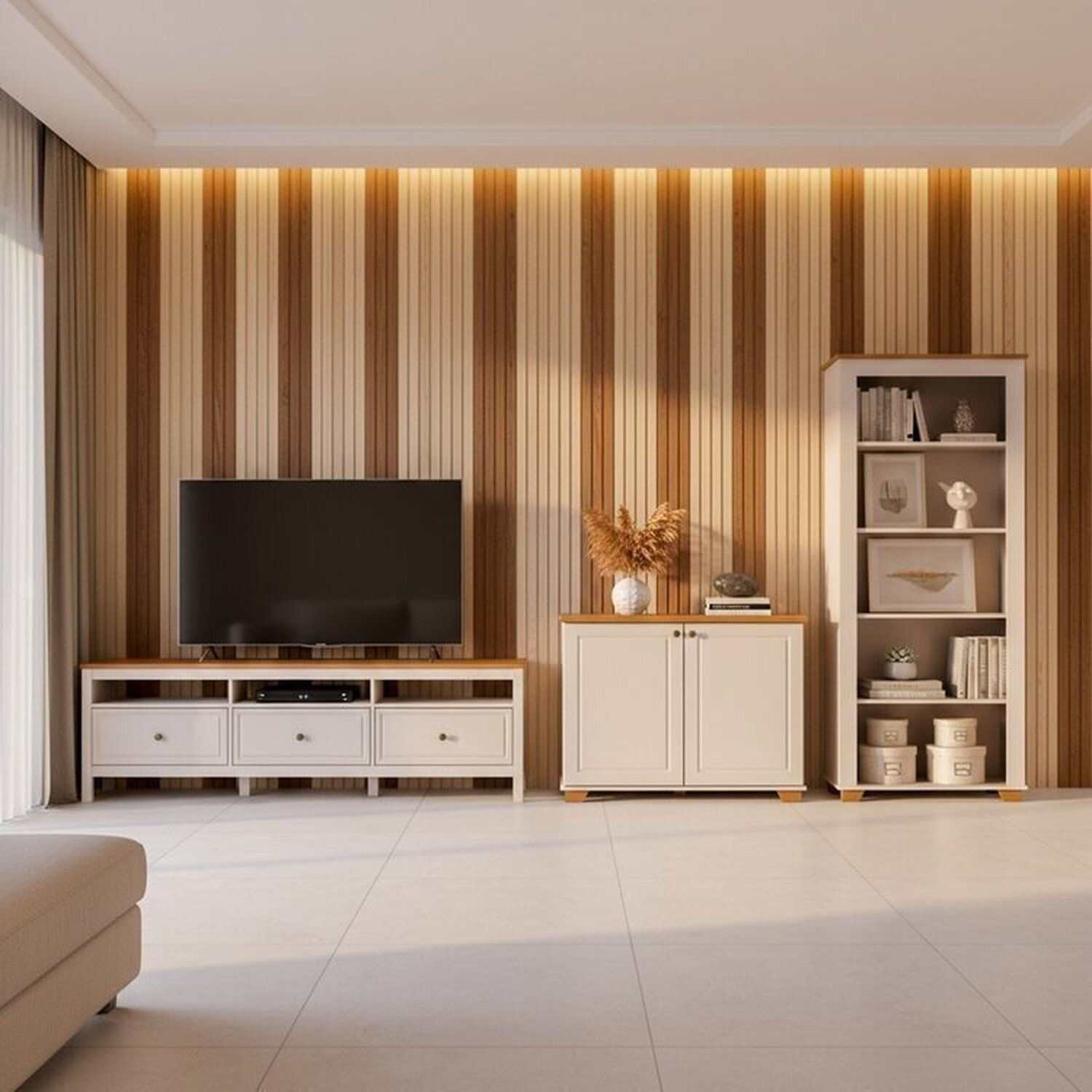 Conjunto De Sala 3 Peças 1 Rack, 1 Estante,1 Armário Madeira Maciça Ananda Cabecasa Madeiraoriginals Off White/mel