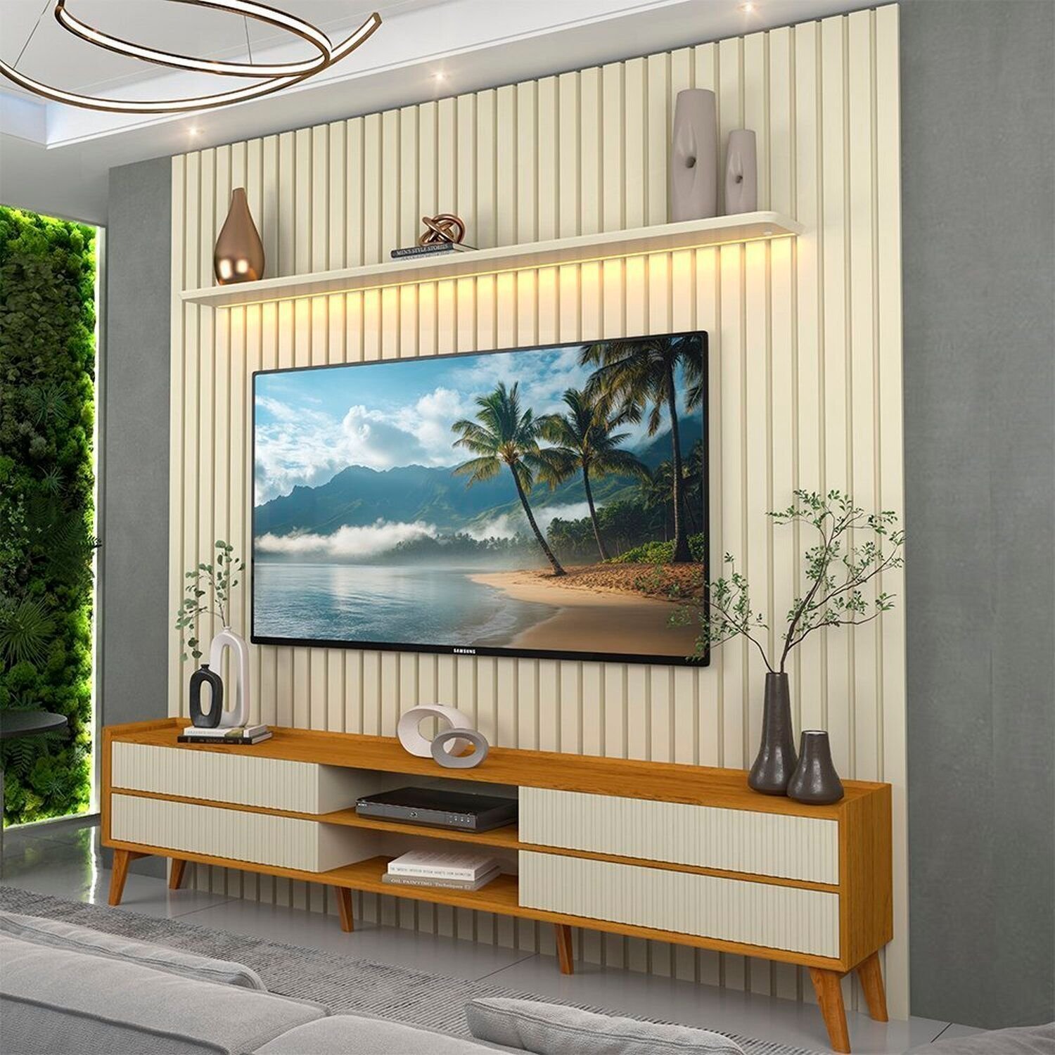 Rack Com Painel Ripado Para Tv 84 Polegadas Com Led 4 Gavetas 228,8cm 100% Mdf Nobre/magnífico Off White/naturale