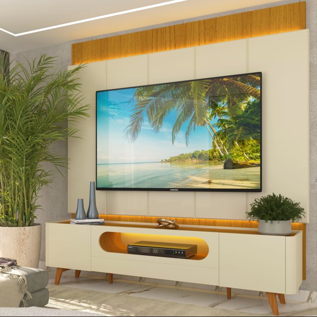 Rack Com Painel Para Tv 84 Polegadas Com Led Pés Em Madeira Maciça 218cm 100% Mdf Magnífico/nobre Naturale/off White