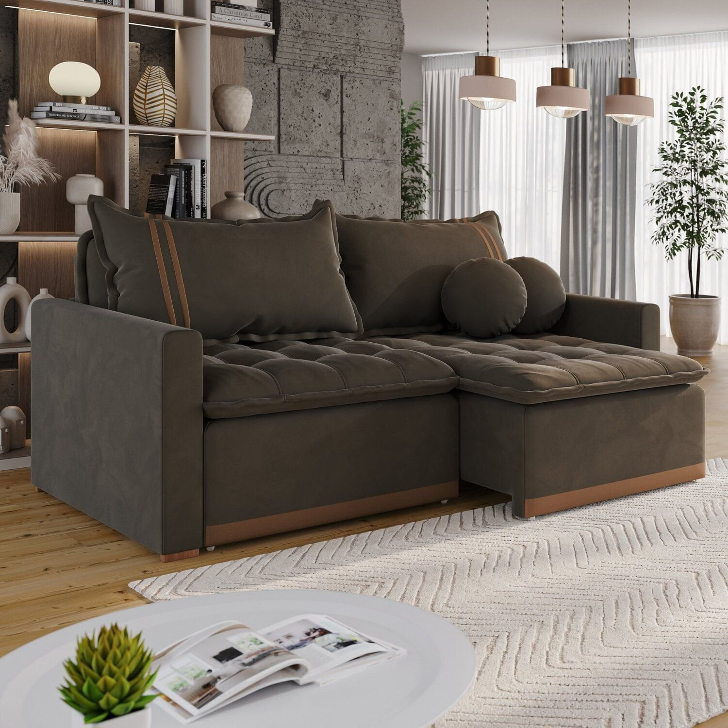 Sofá Cama Retrátil Em Madeira Eucalipto E Veludo 220cm Flórida Marrom