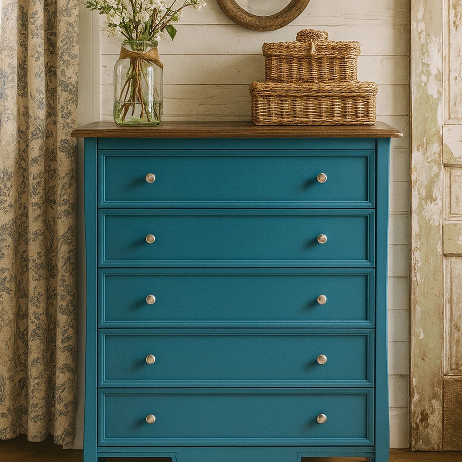 Cômoda Com 5 Gavetas 137,5x100cm Amsterdã Azul/amêndoa