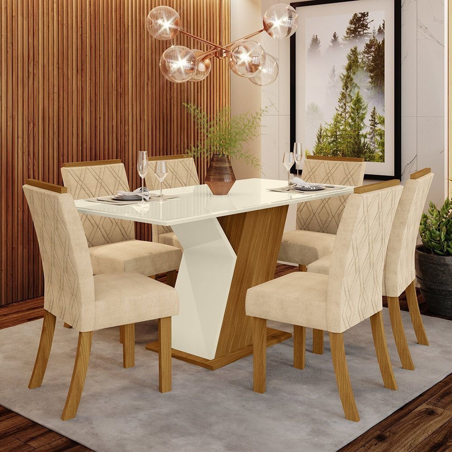 Conjunto Sala De Jantar Mesa 160cm Com Vidro 6 Cadeiras Évelin Espresso Móveis Nature/off White