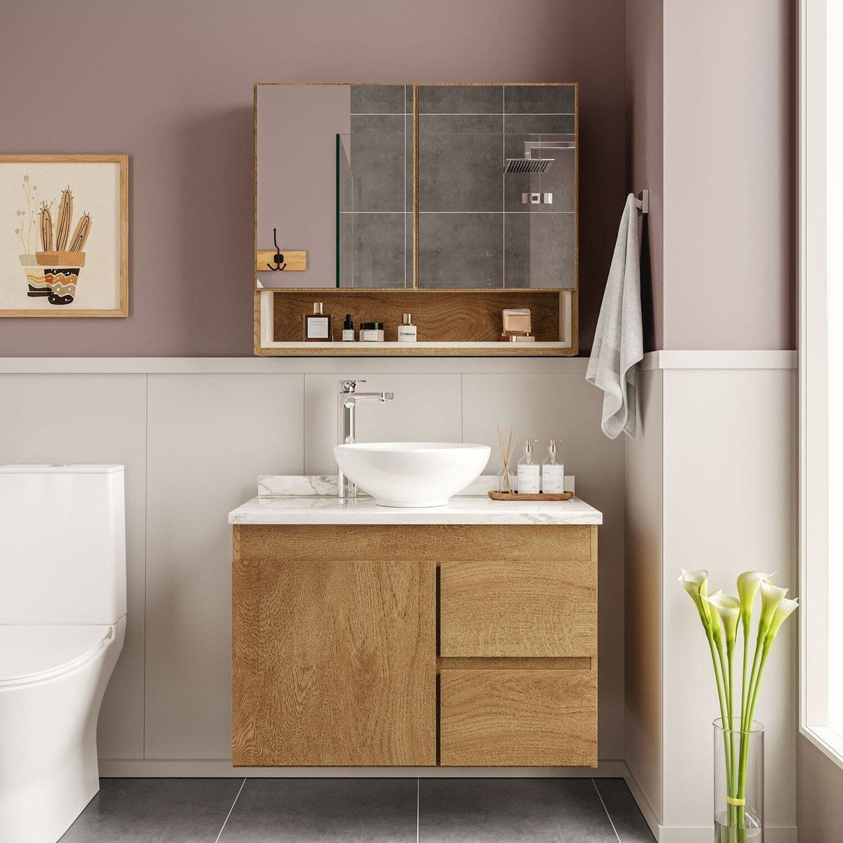 Conjunto Gabinete Para Banheiro Com Espelheira 80cm Travertino Freijo/creme