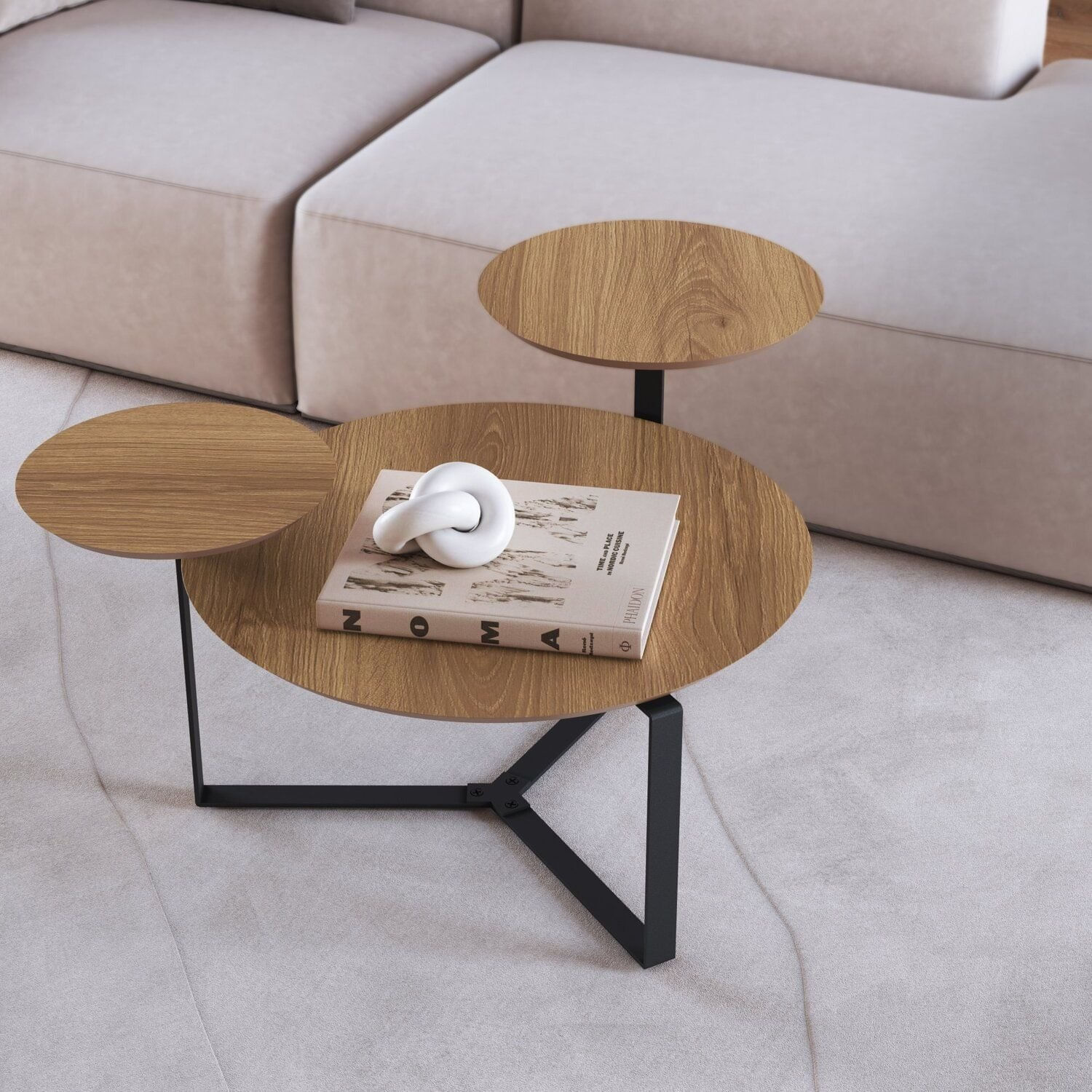 Mesa De Centro Três Tampos Chanfrado Orgânica Pé Metal Complementos Hanover/preto