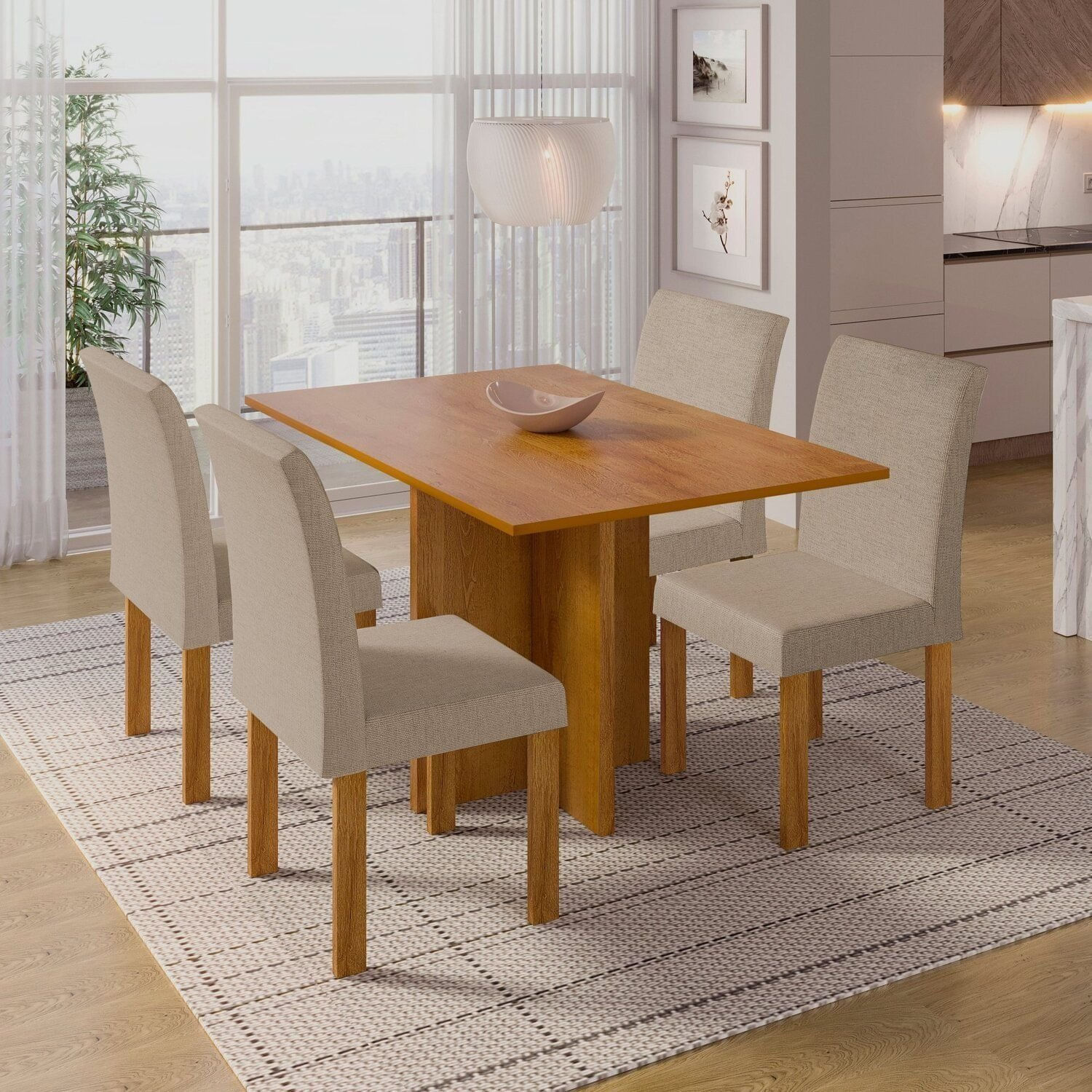Conjunto Sala De Jantar 4 Lugares Retangular Tampo Mdf Mesa Carol Com Cadeiras Espanha Cinamomo/bege