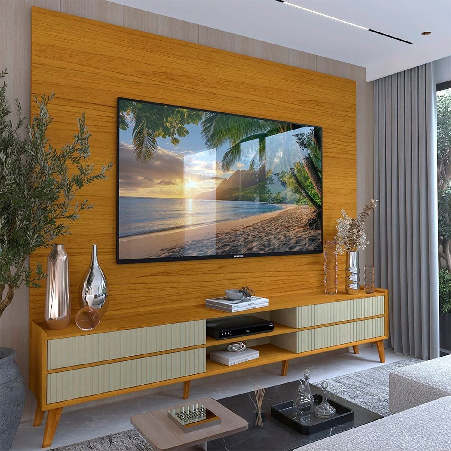 Rack Com Painel Para Tv 84 Polegadas 4 Gavetas Com Pés Madeira 217cm 100% Mdf Luminare/magnífico Naturale/off White