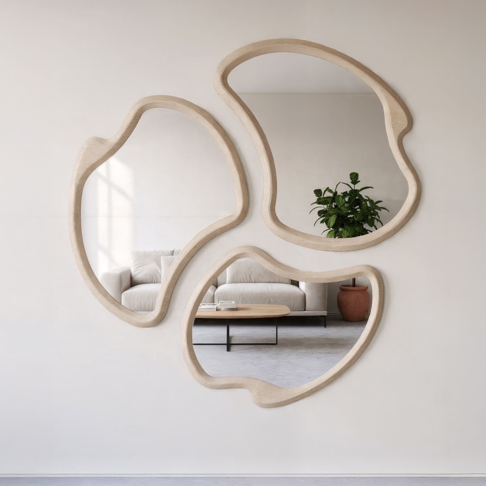 Conjunto 3 Espelhos Orgânicos Moldura Em Mdf Pietra Miraggio Bege