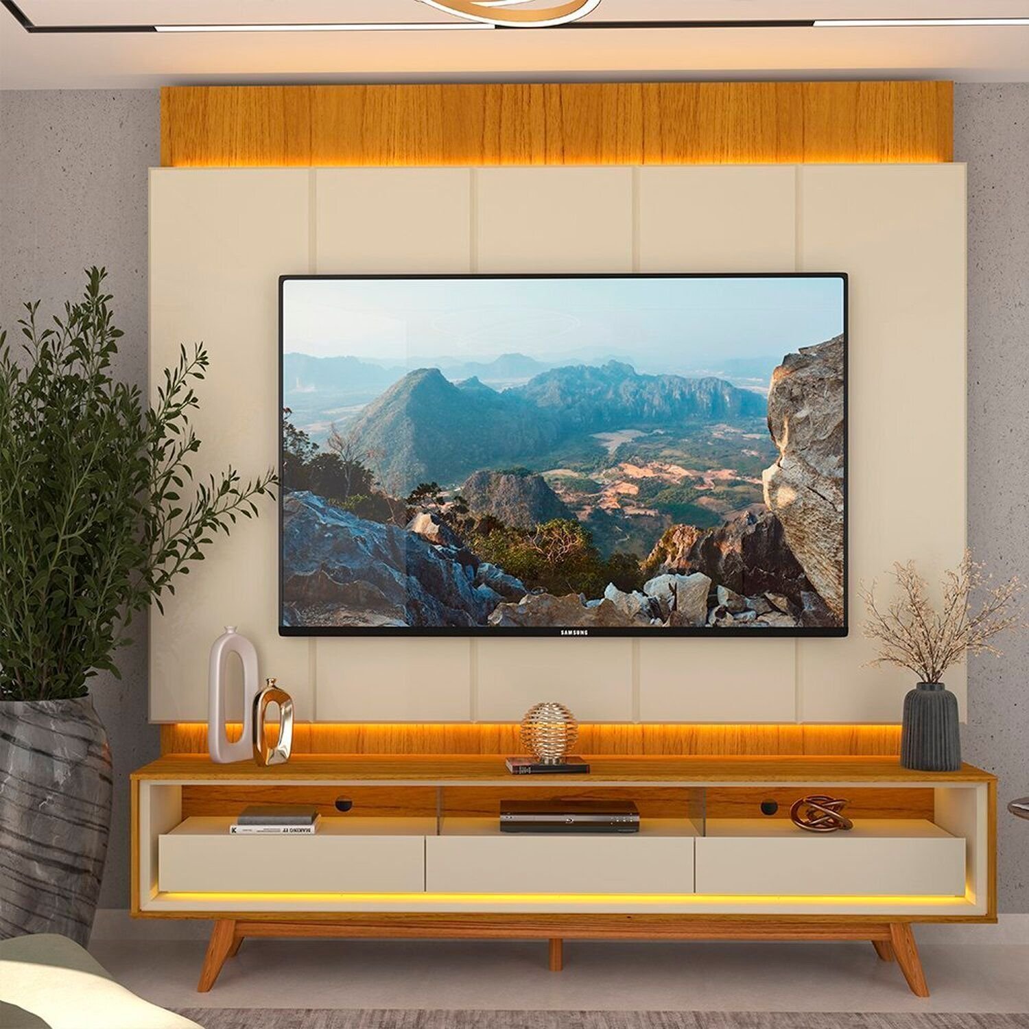 Rack Com Painel Para Tv 85 Polegadas Com Led Pés Em Madeira Maciça 218cm 100% Mdf Magnífico/requinte Naturale/off White