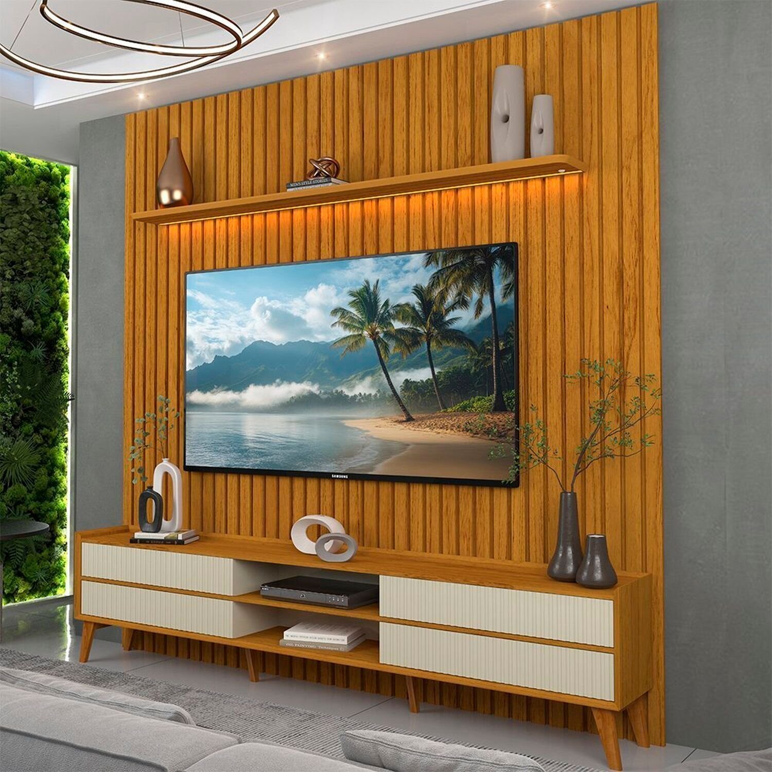 Rack Com Painel Ripado Para Tv 84 Polegadas Com Led 4 Gavetas Pés Madeira 228,8cm 100% Mdf Nobre/magnífico Naturale/off White