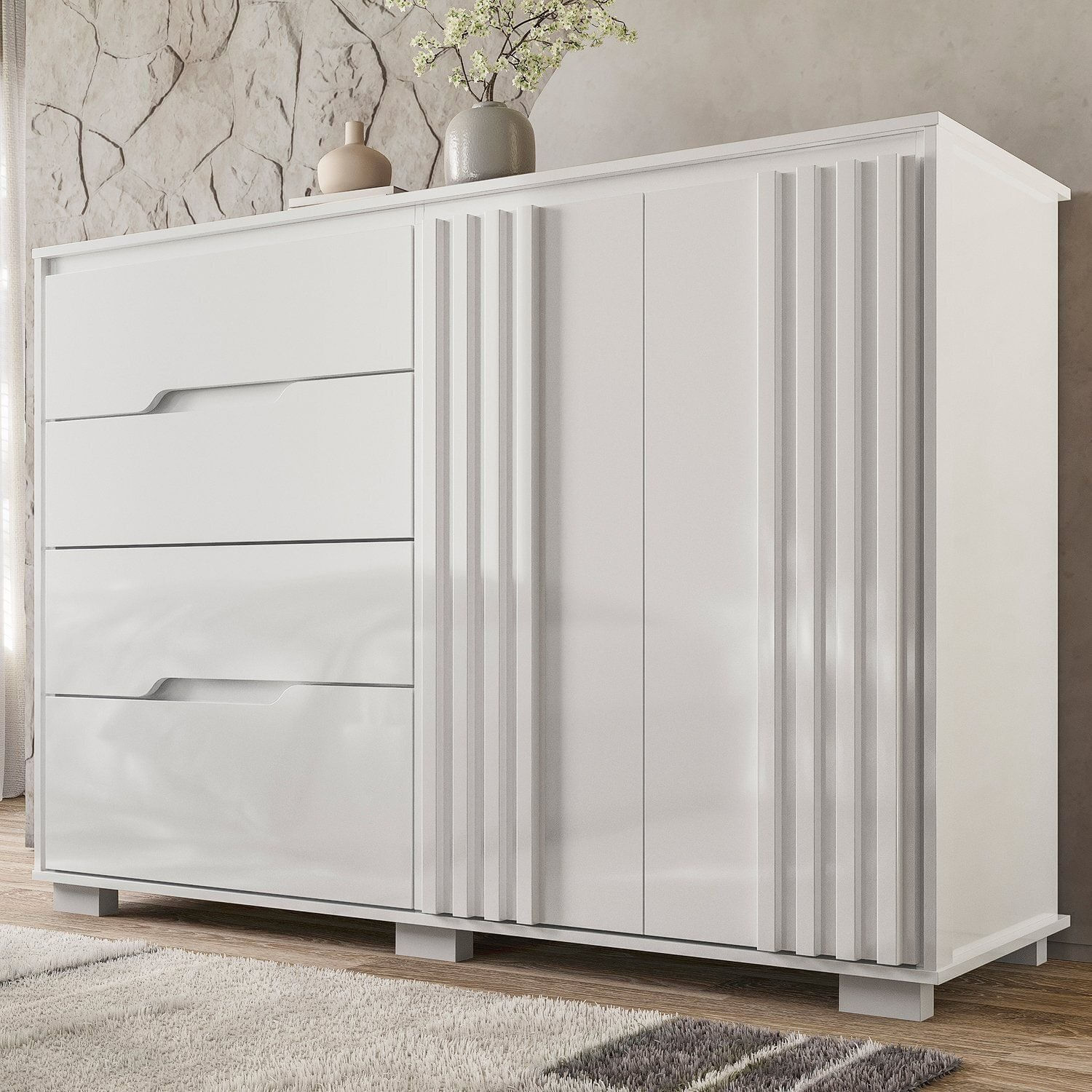 Cômoda Para Quarto 4 Gavetas 2 Portas 147cm Texas Branco