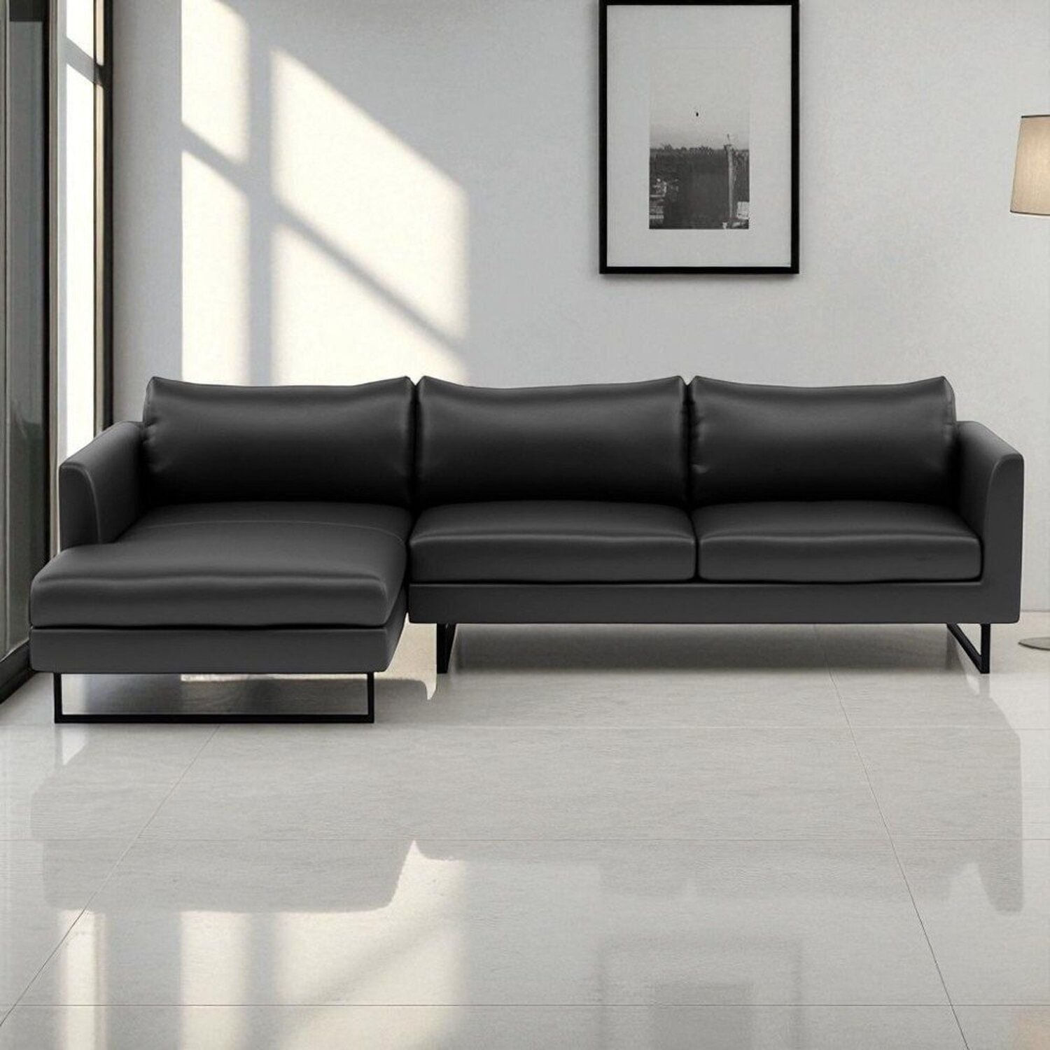 Sofá 2 Lugares Com Chaise Lado Esquerdo E Revestimento Em Couro Sintético Preto