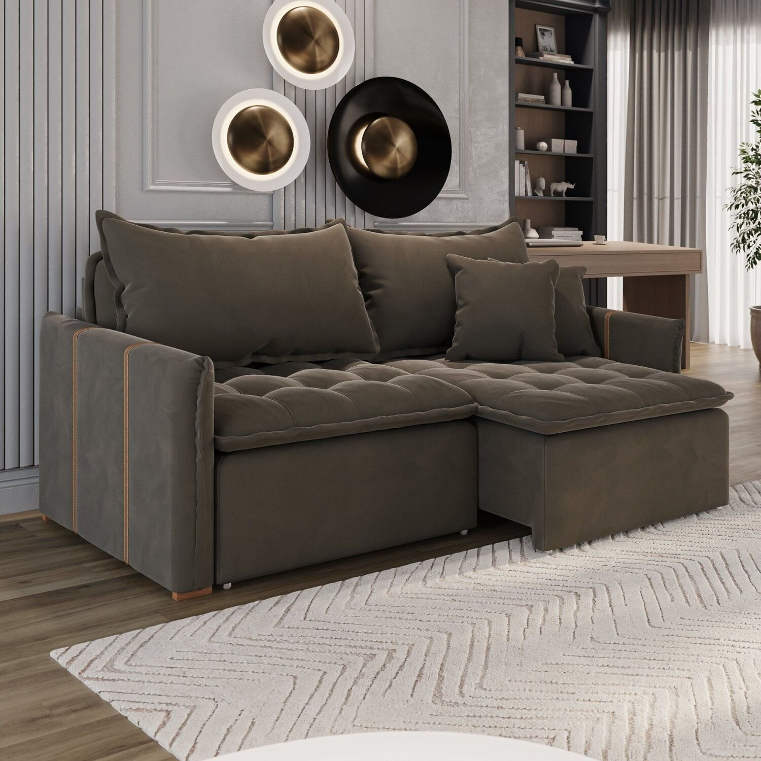 Sofá Cama Retrátil Em Madeira Eucalipto E Veludo 200cm Creta Marrom