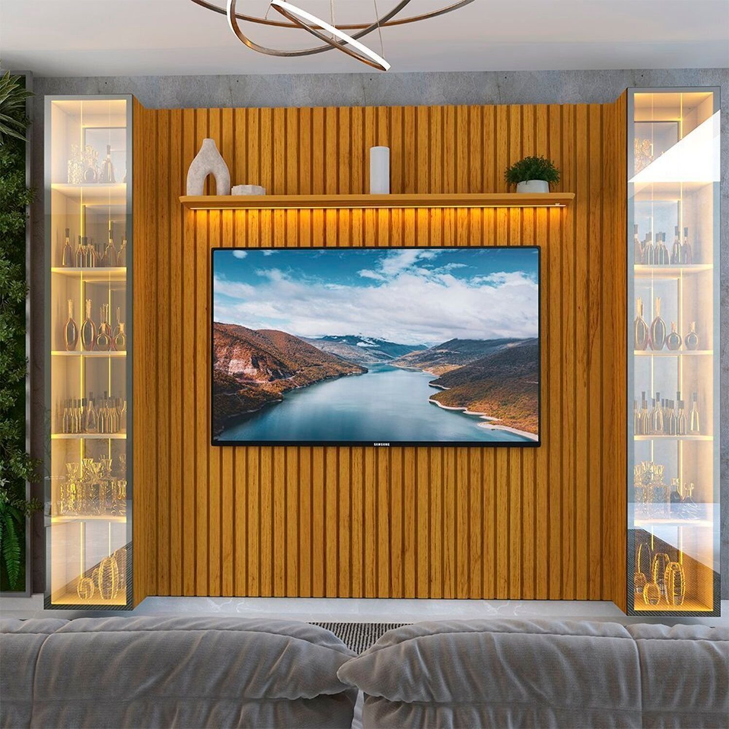 Painel Ripado Para Tv 84 Polegadas 217cmx304,8cm Com 2 Cristaleiras Com Led E Espelho 100% Mdf Nobre Clean/luminare Naturale