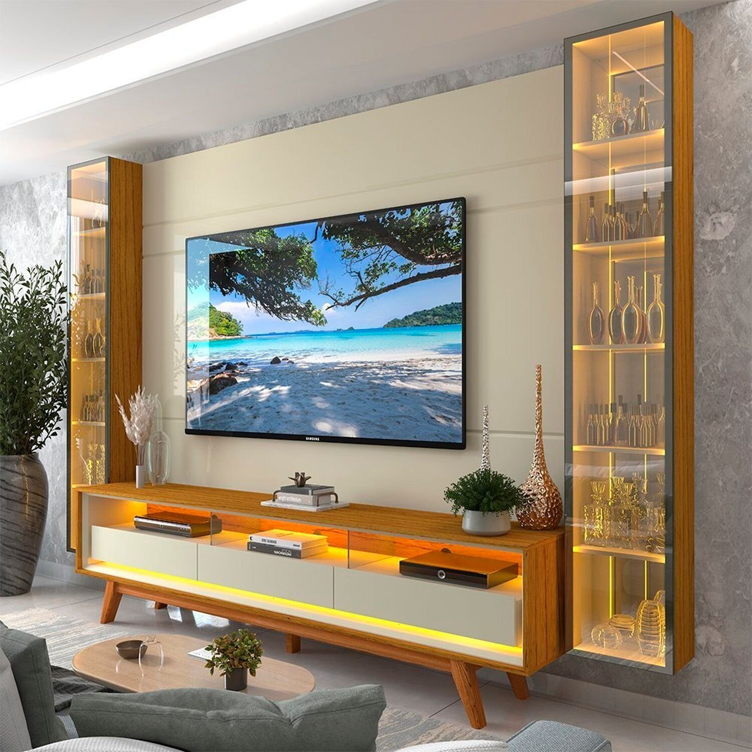 Rack Com Painel Para Tv 84 Polegadas Com Led Espelhos 293cm 100% Mdf Luminare/requinte Off White/naturale