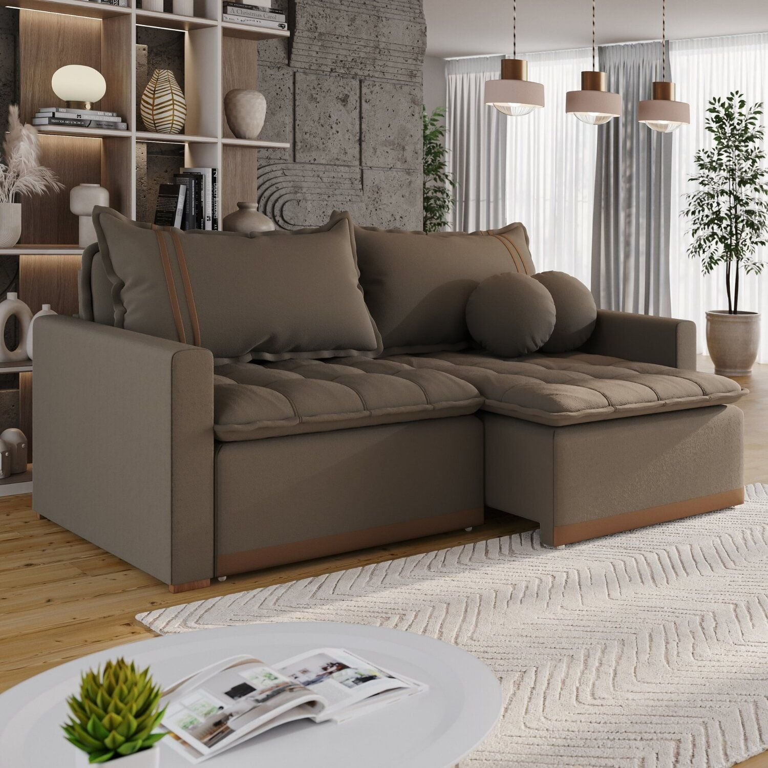 Sofá Cama Retrátil Em Madeira Eucalipto E Bouclê 220cm Flórida Marrom