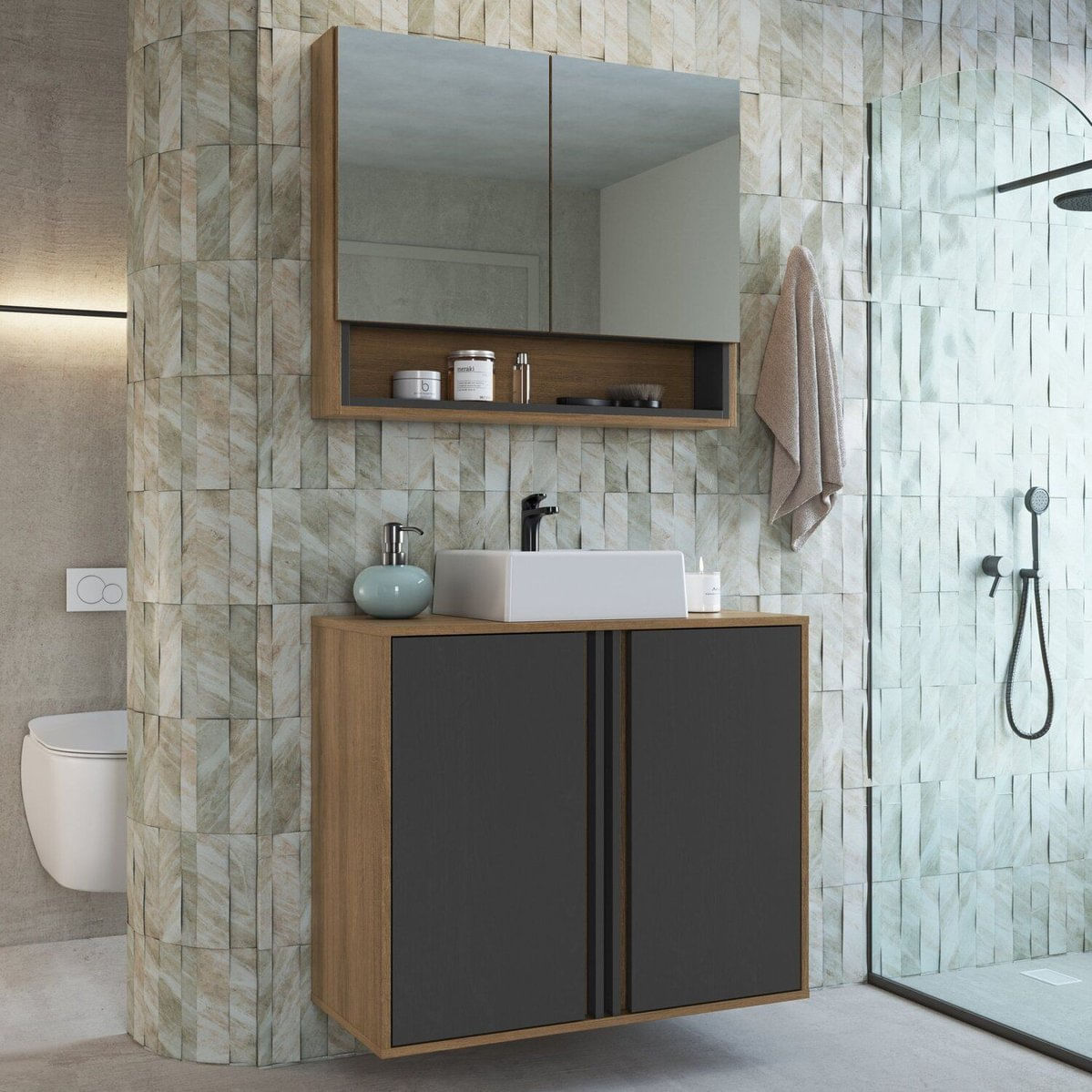 Gabinete De Banheiro 80cm Com Espelheira 2 Portas E Cuba Antônia Mel/grafite