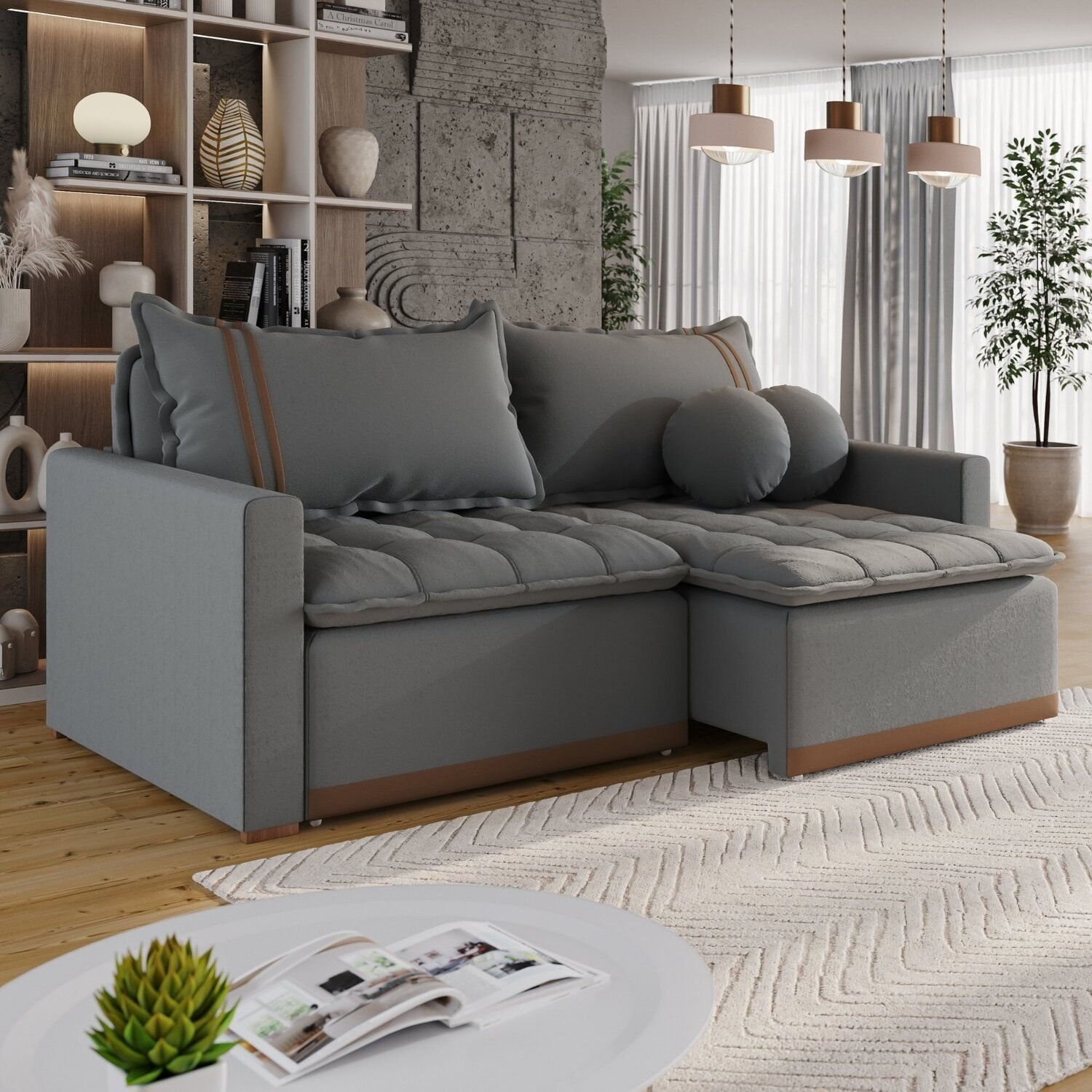 Sofá Cama Retrátil Em Madeira Eucalipto E Bouclê 220cm Flórida Cinza