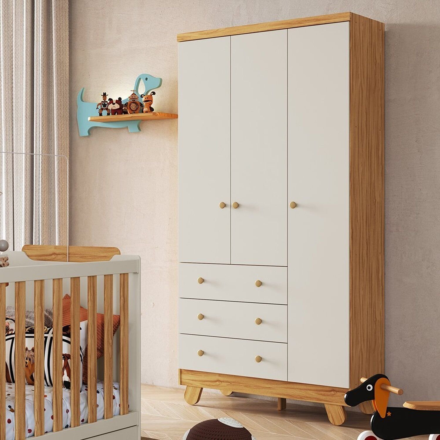 Guarda-roupa Infantil 3 Portas 3 Gavetas 92cm Levy Espresso Móveis Amêndoa/ Off White