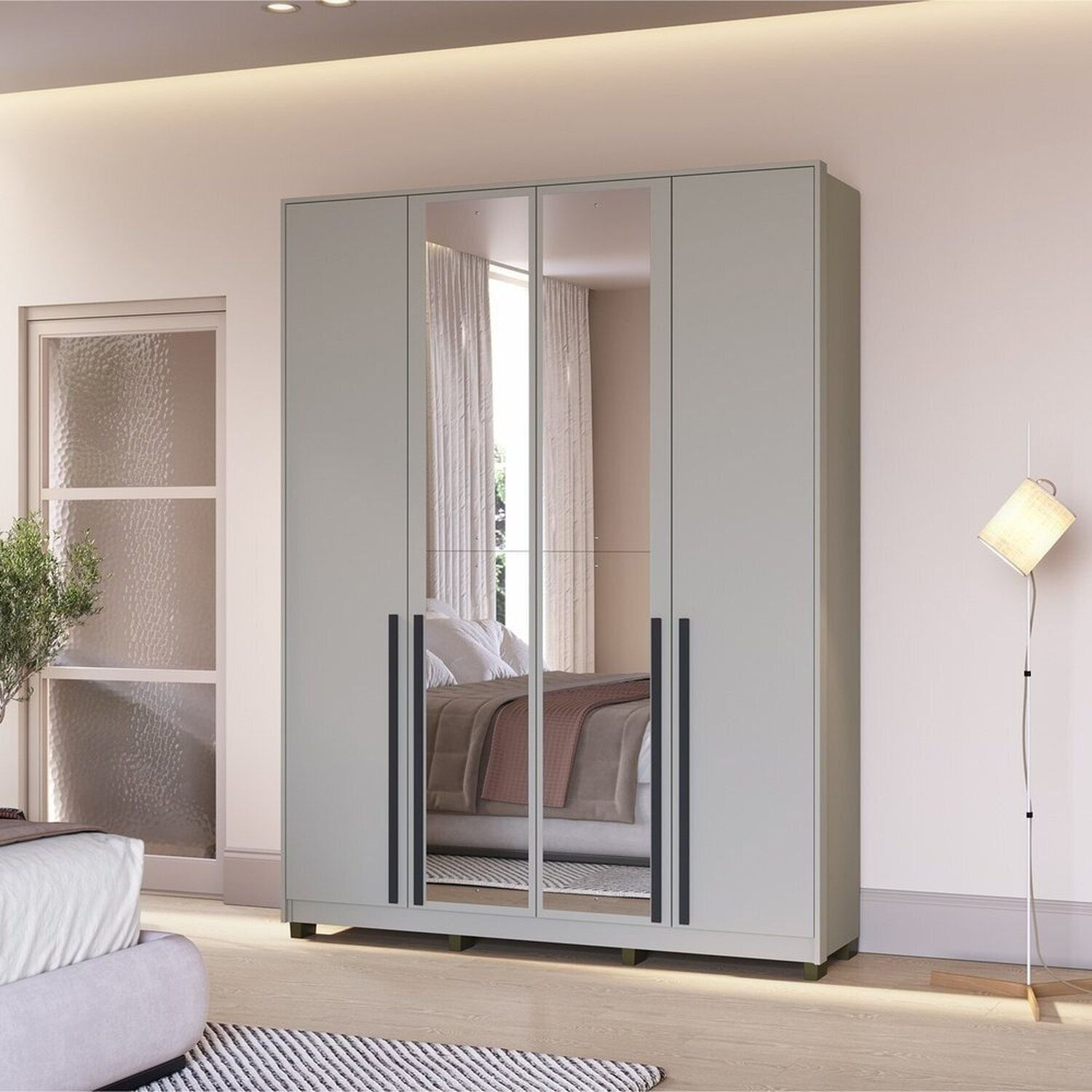 Guarda-roupa Com Espelho 4 Portas Órion Cinza