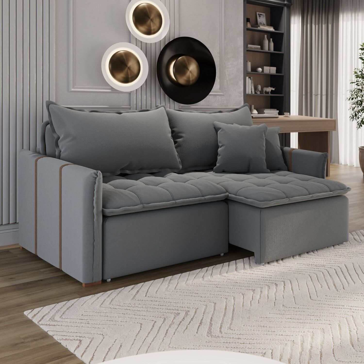 Sofá Cama Retrátil Em Madeira Eucalipto E Bouclê 220cm Creta Cinza