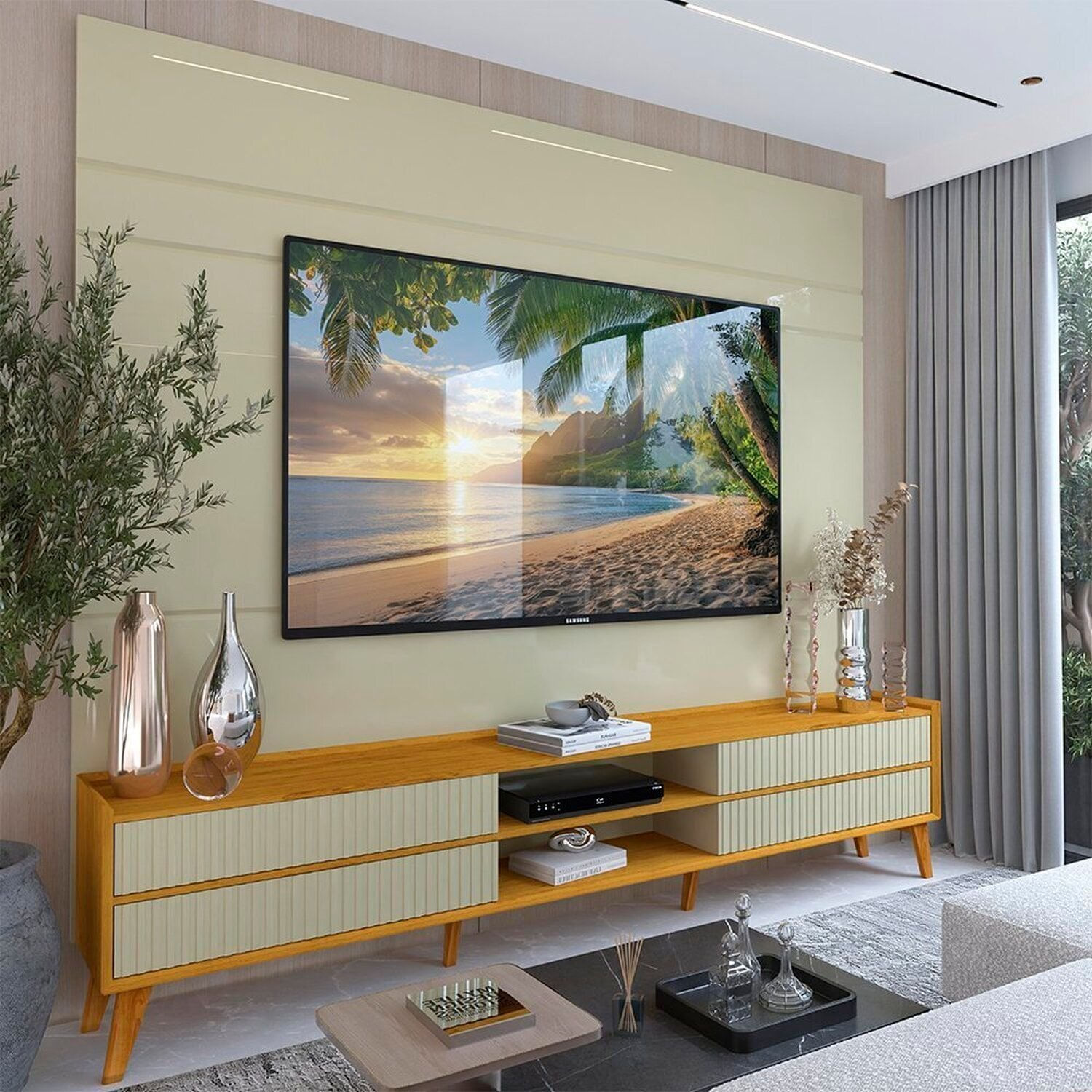 Rack Com Painel Para Tv 84 Polegadas 4 Gavetas Com Pés Madeira 217cm 100% Mdf Luminare/magnífico Off White/naturale