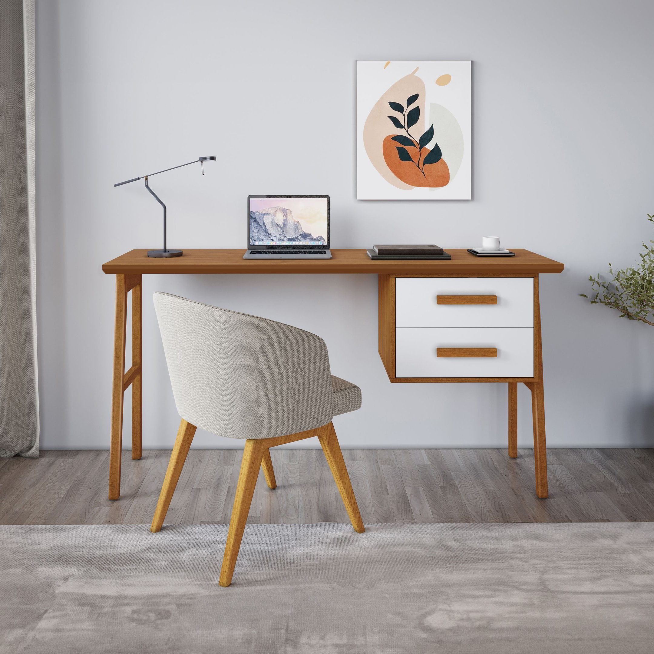 Escrivaninha Mesa Escritório 2 Gavetas Estruturada Em Madeira Maciça Tampo Em Mdf Lotus Cedro/off White