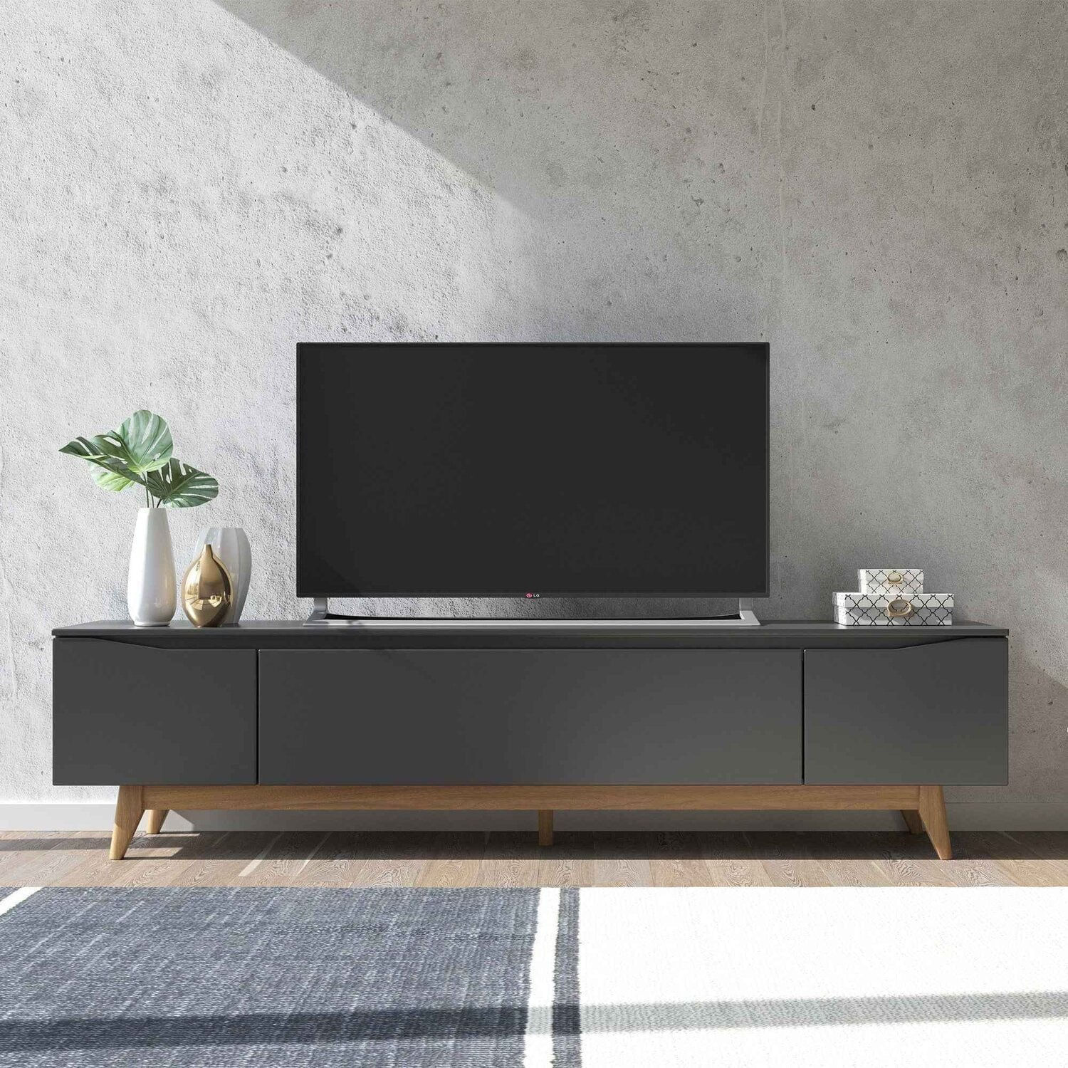 Rack Para Tv Até 75 Polegadas Mdf 219,5cm Pés Em Madeira Maciça Flynt Preto Touch / Natural