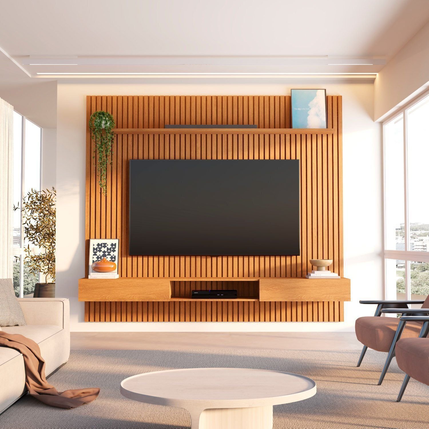 Painel Ripado Com Nicho Para Até Tv 85 Polegadas 230x250cm 100% Mdf Aloe Cabecasa Madeiramadeira Nature