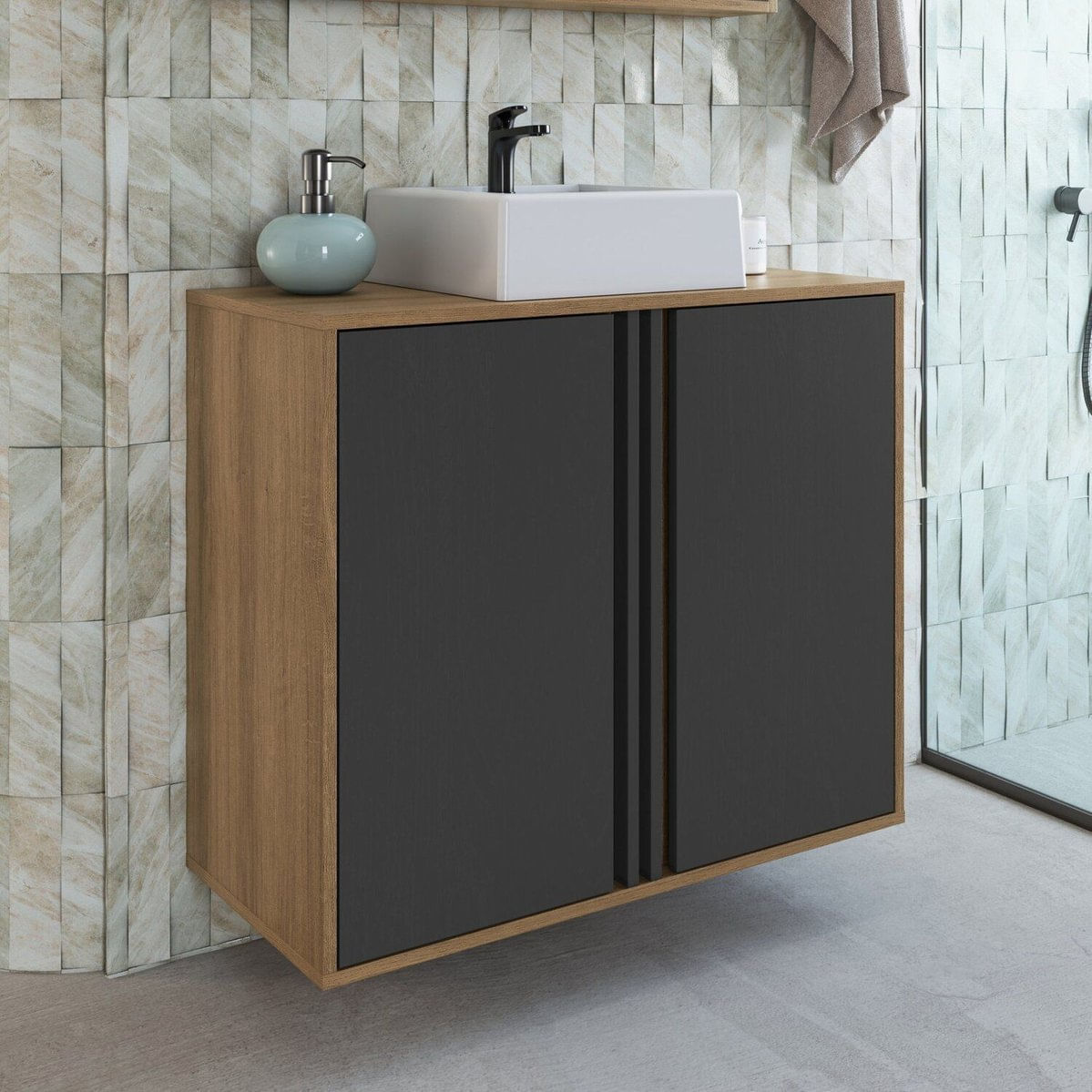 Gabinete De Banheiro 80cm Com 2 Portas Com Cuba Antônia Mel/grafite