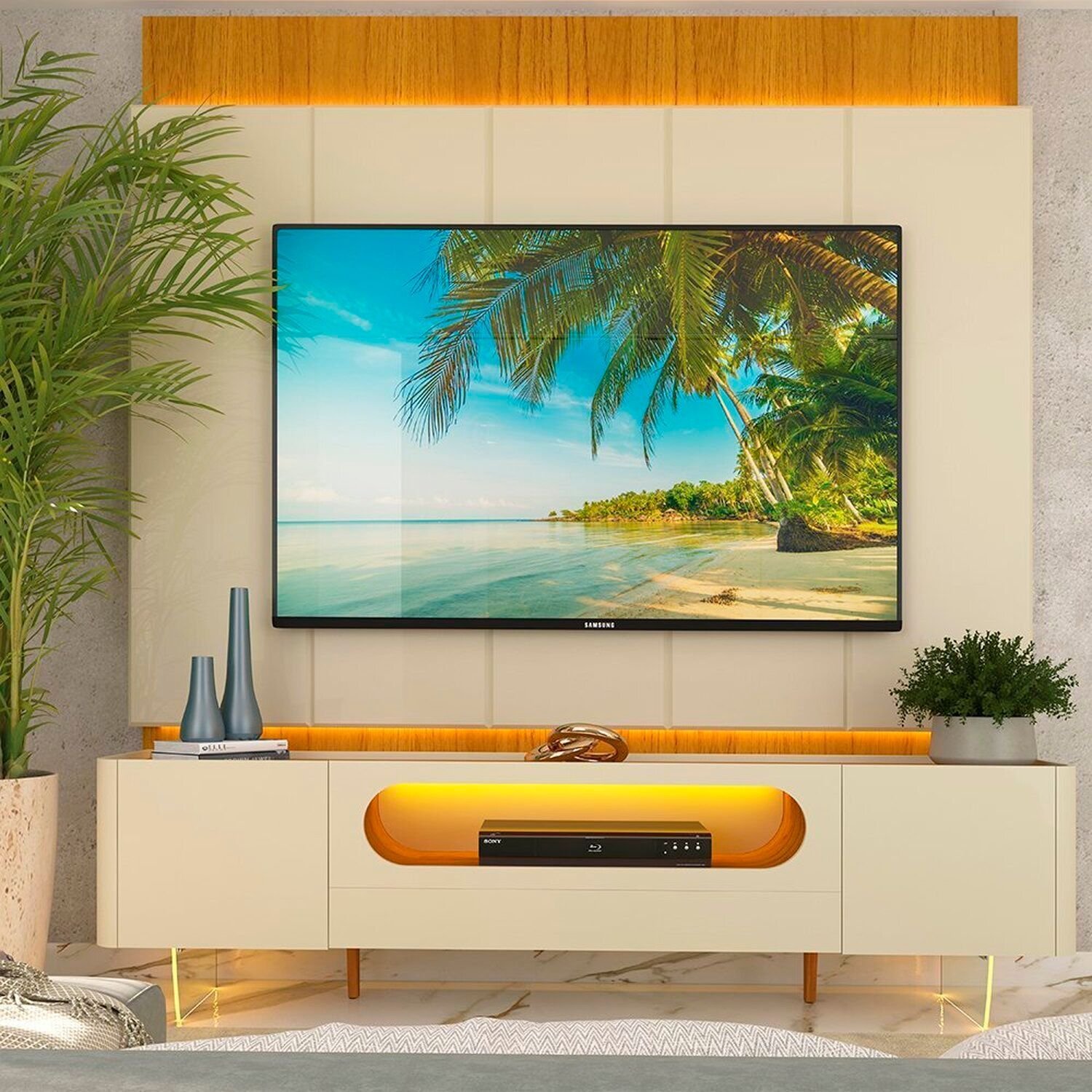 Rack Com Painel Para Tv 84 Polegadas Com Led 1 Gaveta 2 Portas Pés 218cm 100% Mdf Magnífico/nobre Naturale/off White