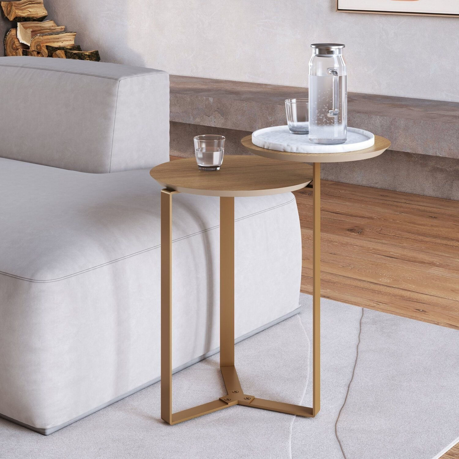 Mesa De Centro Dois Tampos Chanfrado Orgânica Pé Metal Complementos Hanover/dourado