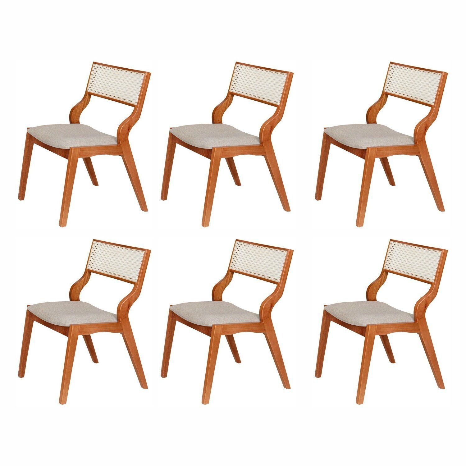 Kit 6 Cadeiras Madeira Maciça Estofada E Rattan 100% Natural Luna Espresso Móveis Champagnhe/cinza Claro