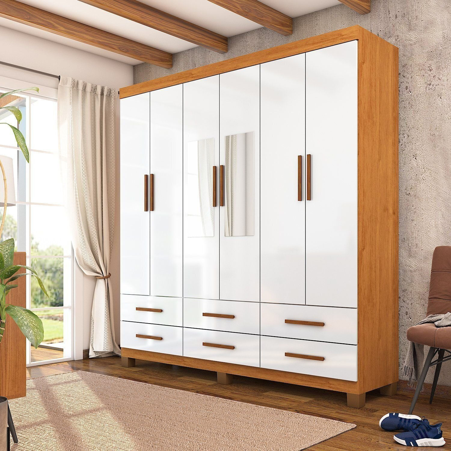 Guarda-roupa 6 Portas 6 Gavetas Com Espelho E Pés Denver Cinamomo/branco