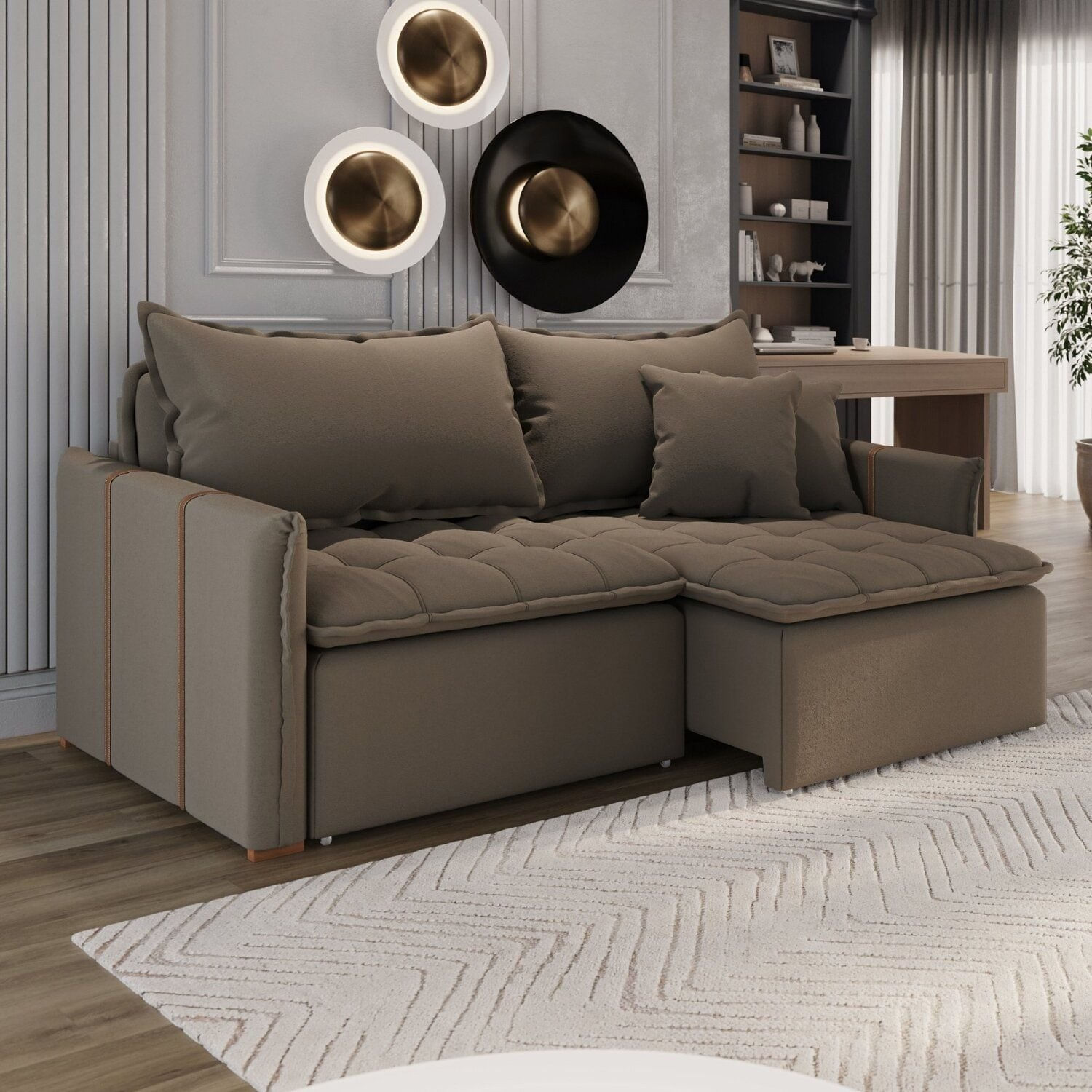 Sofá Cama Retrátil Em Madeira Eucalipto E Bouclê 220cm Creta Marrom