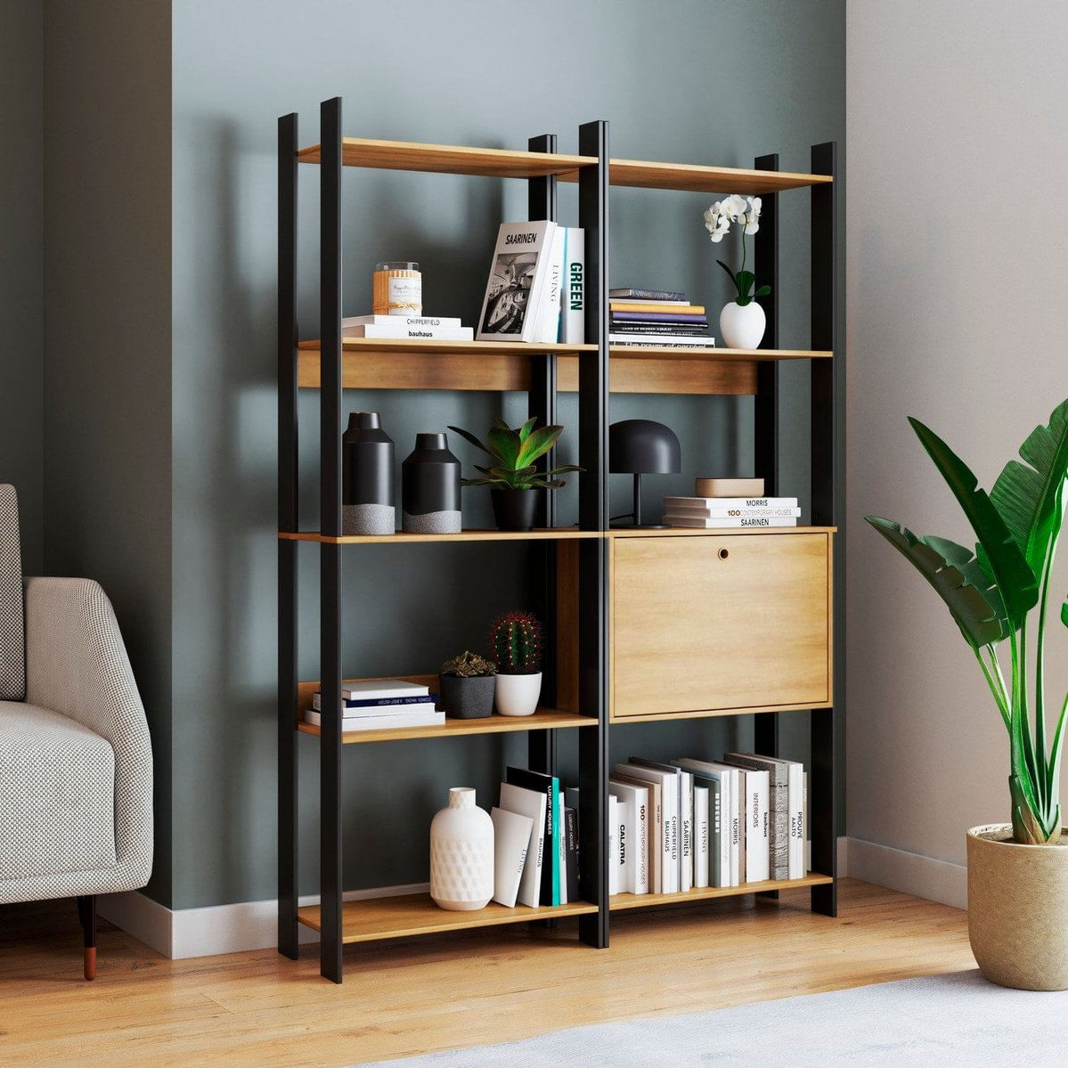 Conjunto 2 Estante Para Livros 9 Prateleiras E 1 Porta Lamina Mel/preto