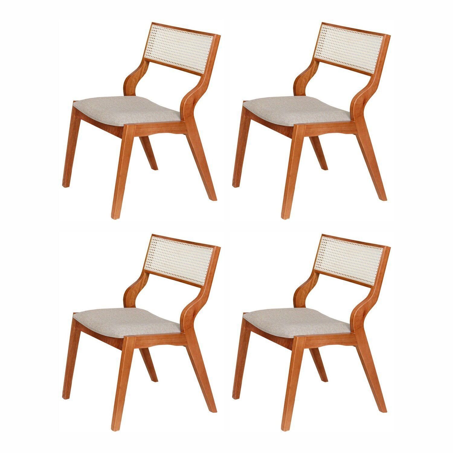 Kit 4 Cadeiras Madeira Maciça, Estofada E Rattan 100% Natural Luna Espresso Móveis Champagnhe/cinza Claro