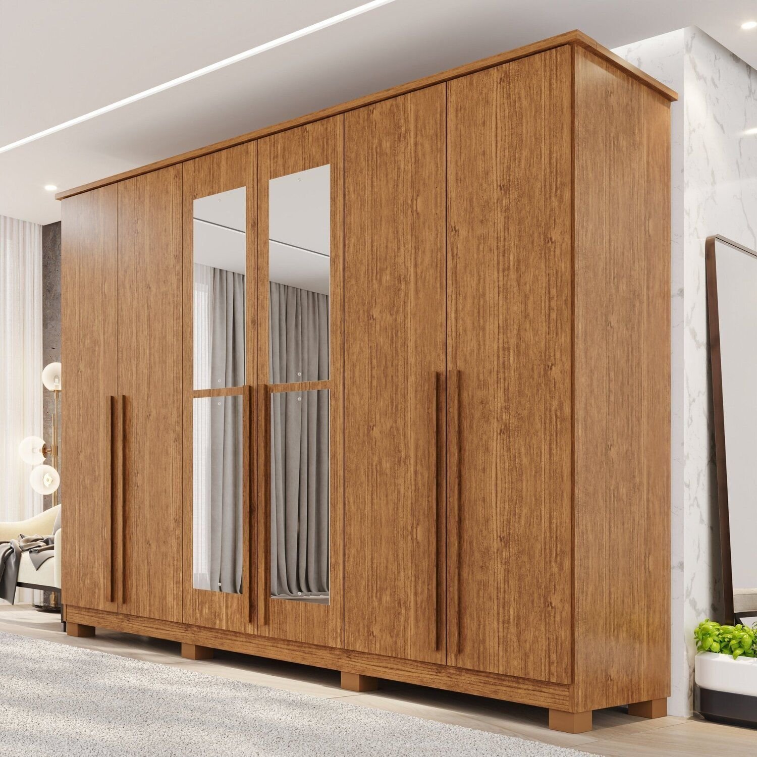 Guarda-roupa Casal Com Espelho 6 Portas 4 Gavetas Com Pés 100% Mdf Zurique Cinamomo