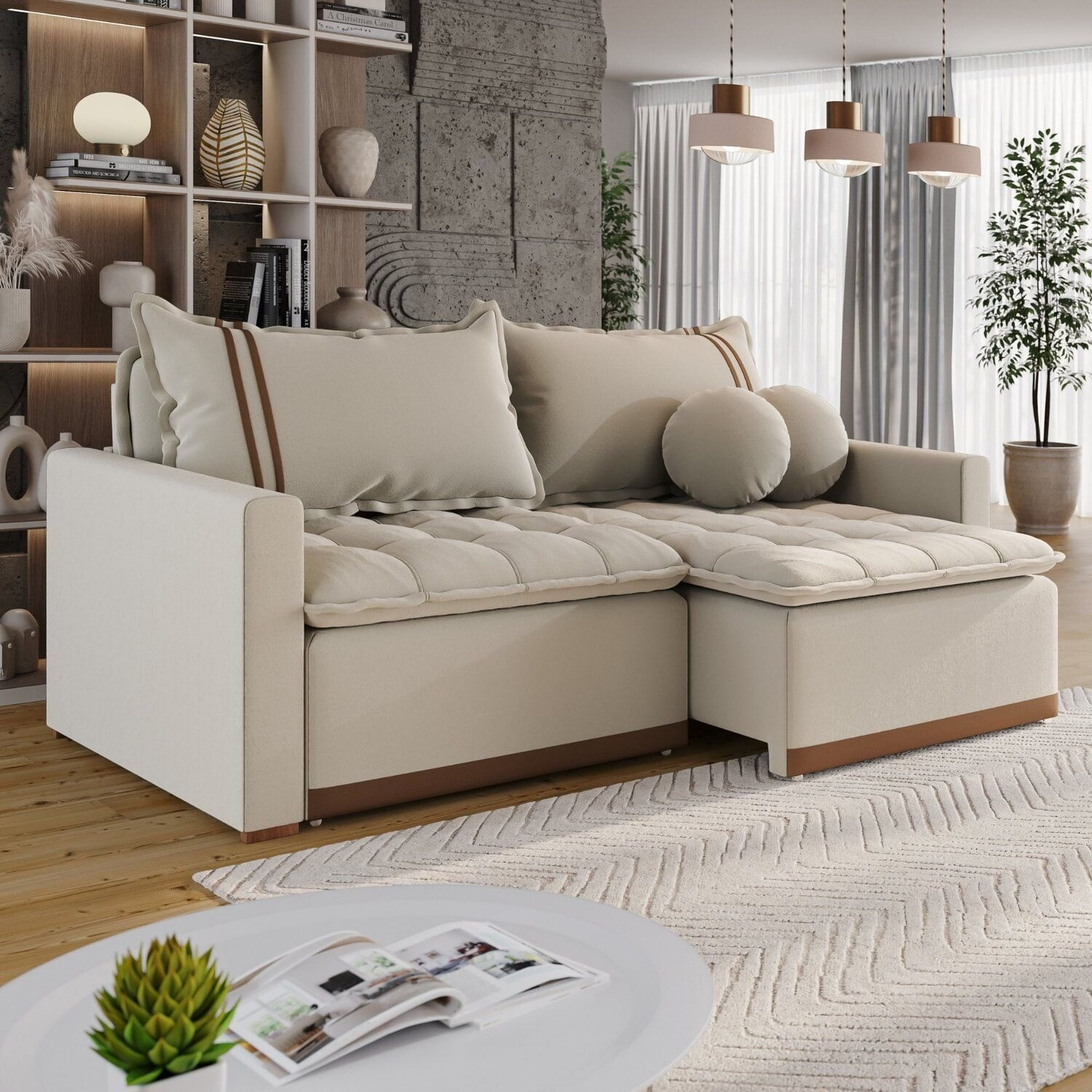 Sofá Cama Retrátil Em Madeira Eucalipto E Bouclê 200cm Flórida Cru