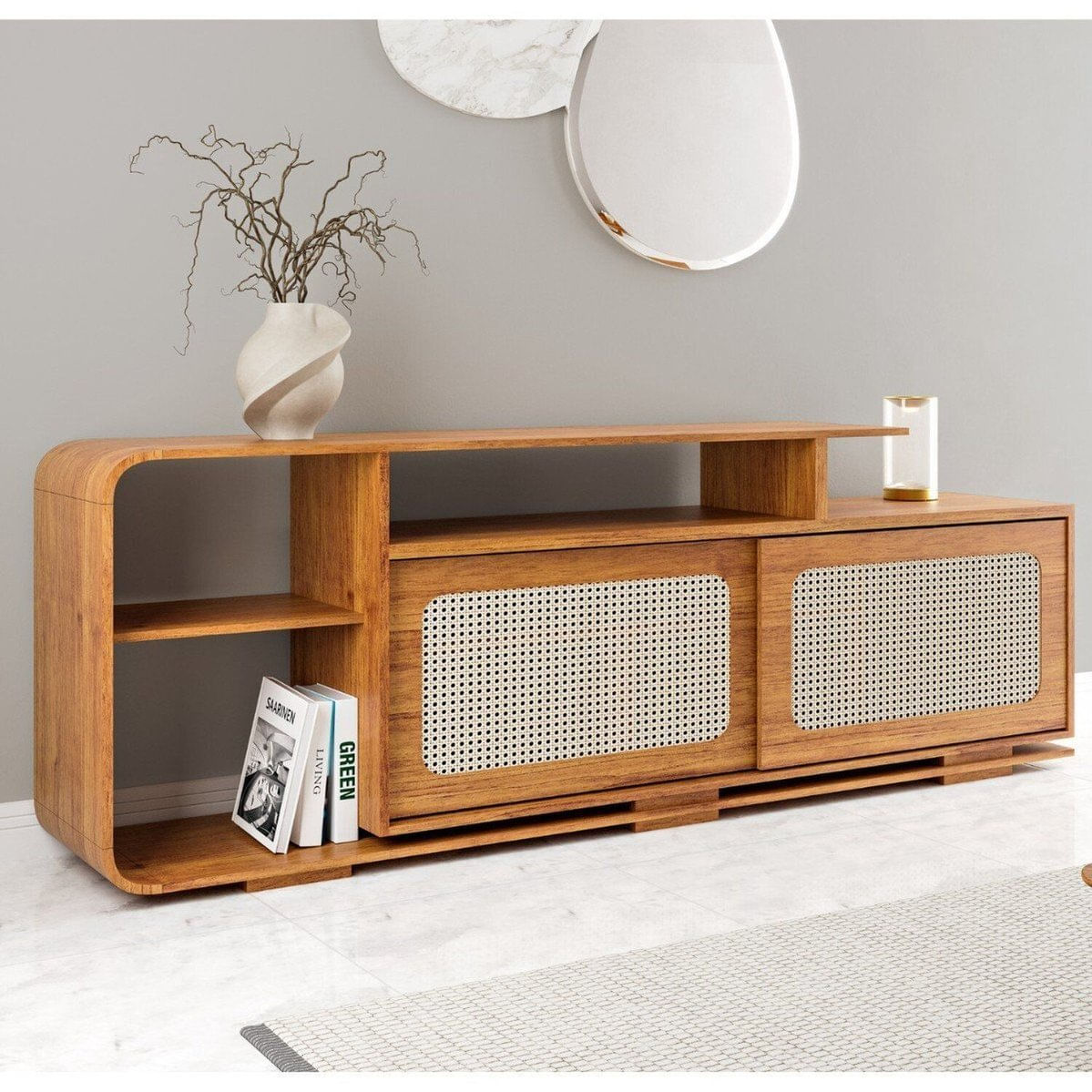 Rack Para Tv 75 Polegadas 180cm 2 Portas Santorini Mel / Palha Natural