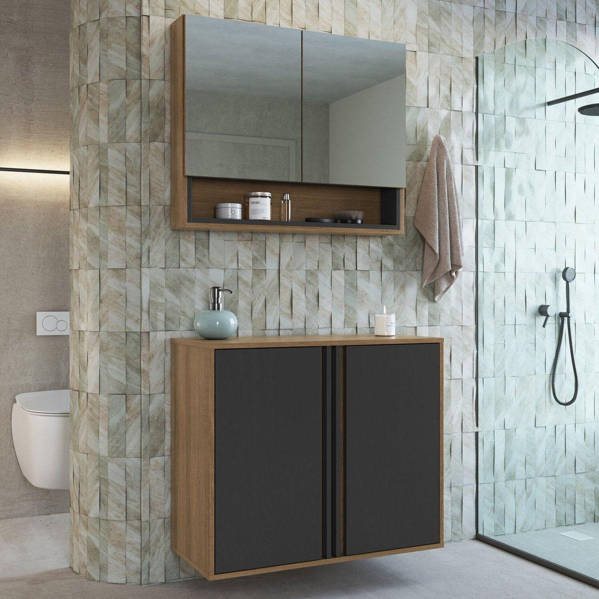 Gabinete De Banheiro 80cm Com Espelheira 2 Portas Sem Cuba Antônia Mel/grafite