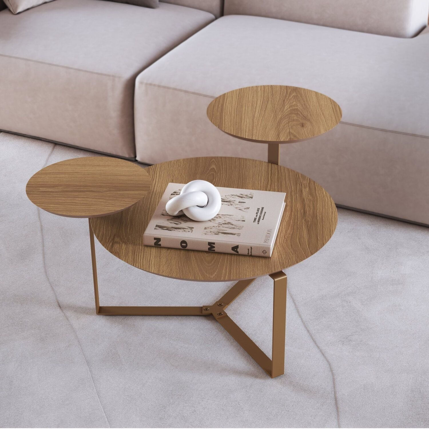 Mesa De Centro Três Tampos Chanfrado Orgânica Pé Metal Complementos Hanover/dourado