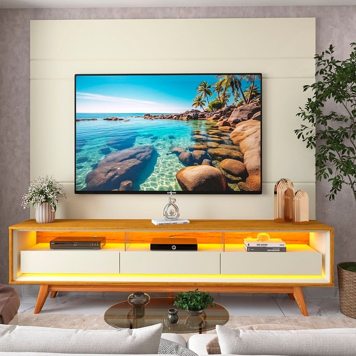 Rack Com Painel Para Tv 84 Polegadas Com Led 3 Gavetas 217cm 100% Mdf Luminare/requinte Off White/naturale