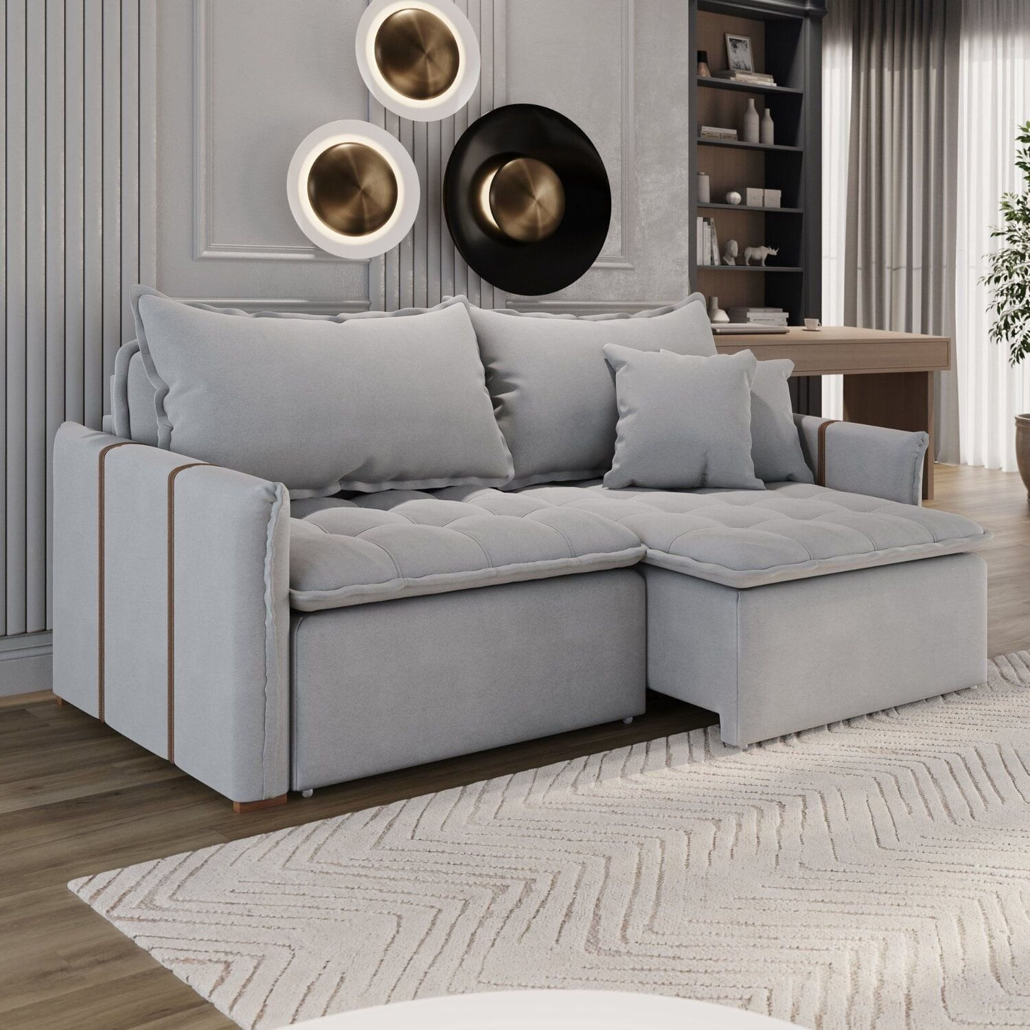 Sofá Cama Retrátil Em Madeira Eucalipto E Linho 200cm Creta Cinza Claro